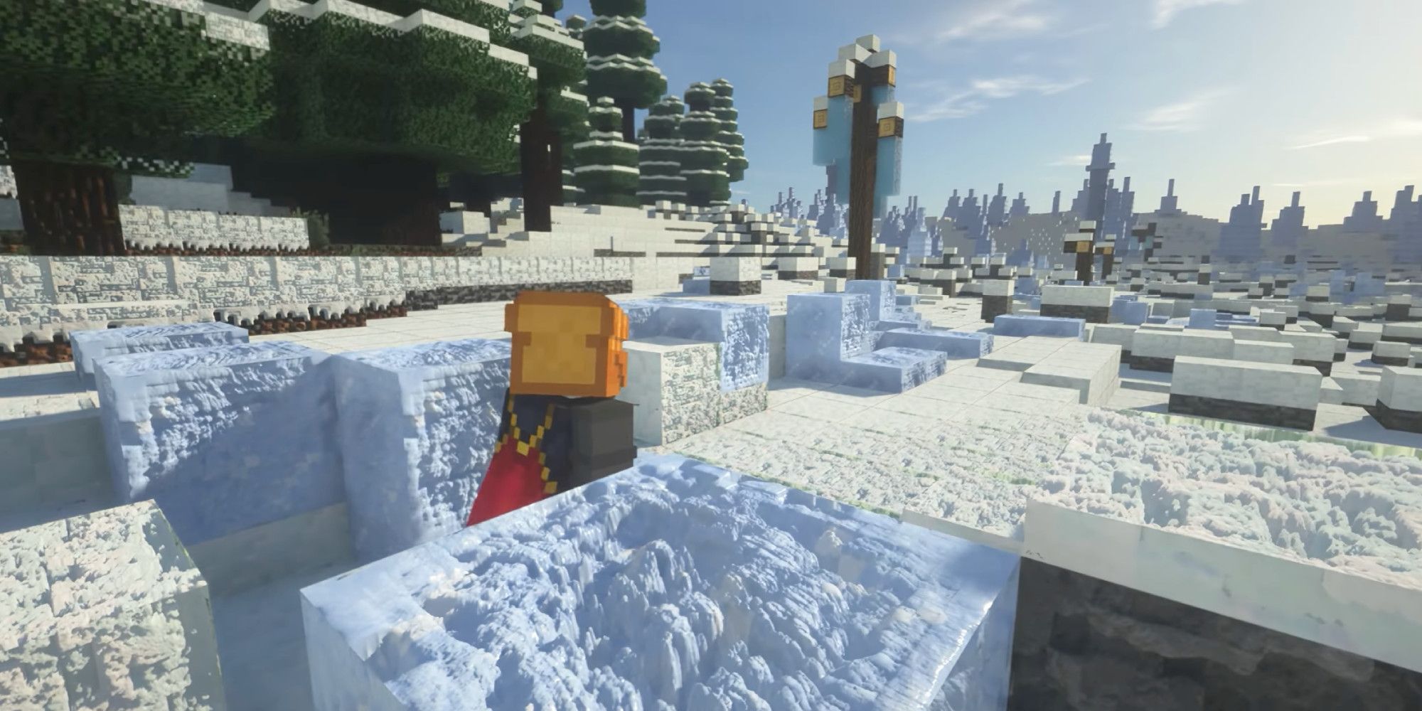 A snowy scene in Minecraft using the Realistico resource pack