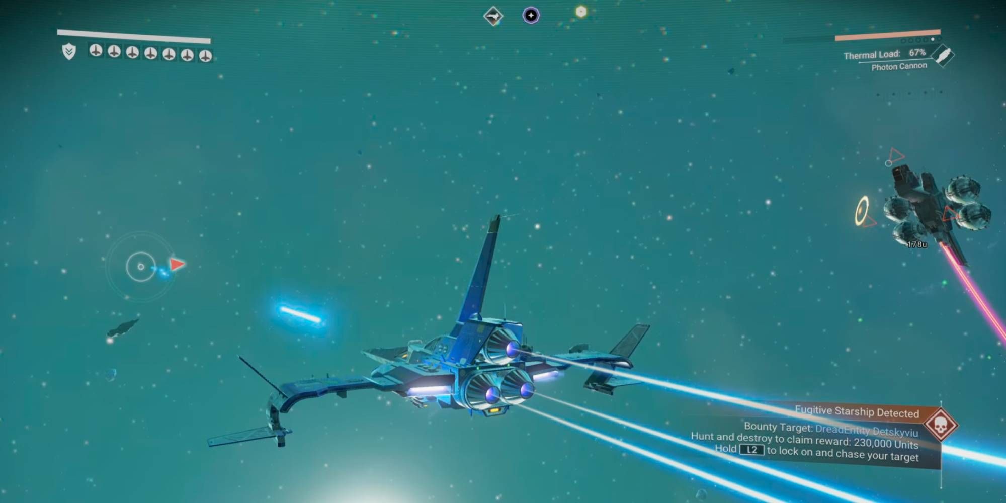 A starship firing the Photon Cannon in No Man's Sky