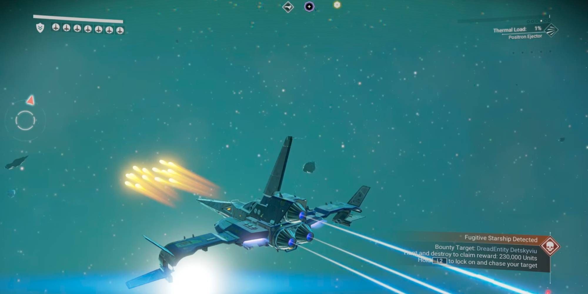 A starship firing the Positron Ejector in No Man's Sky