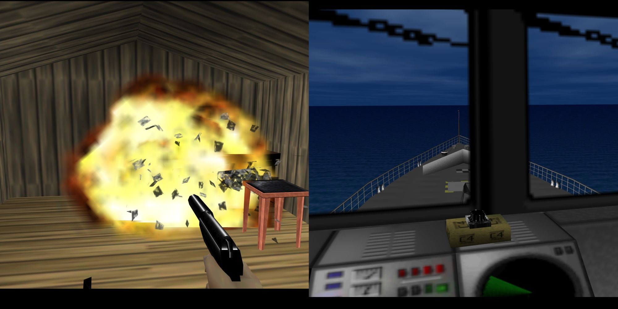 A whole table exploding and a bomb in the Frigate level from GoldenEye 007.