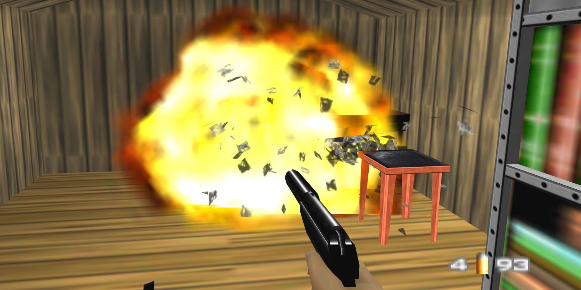 A whole table exploding to pieces from GoldenEye 007.