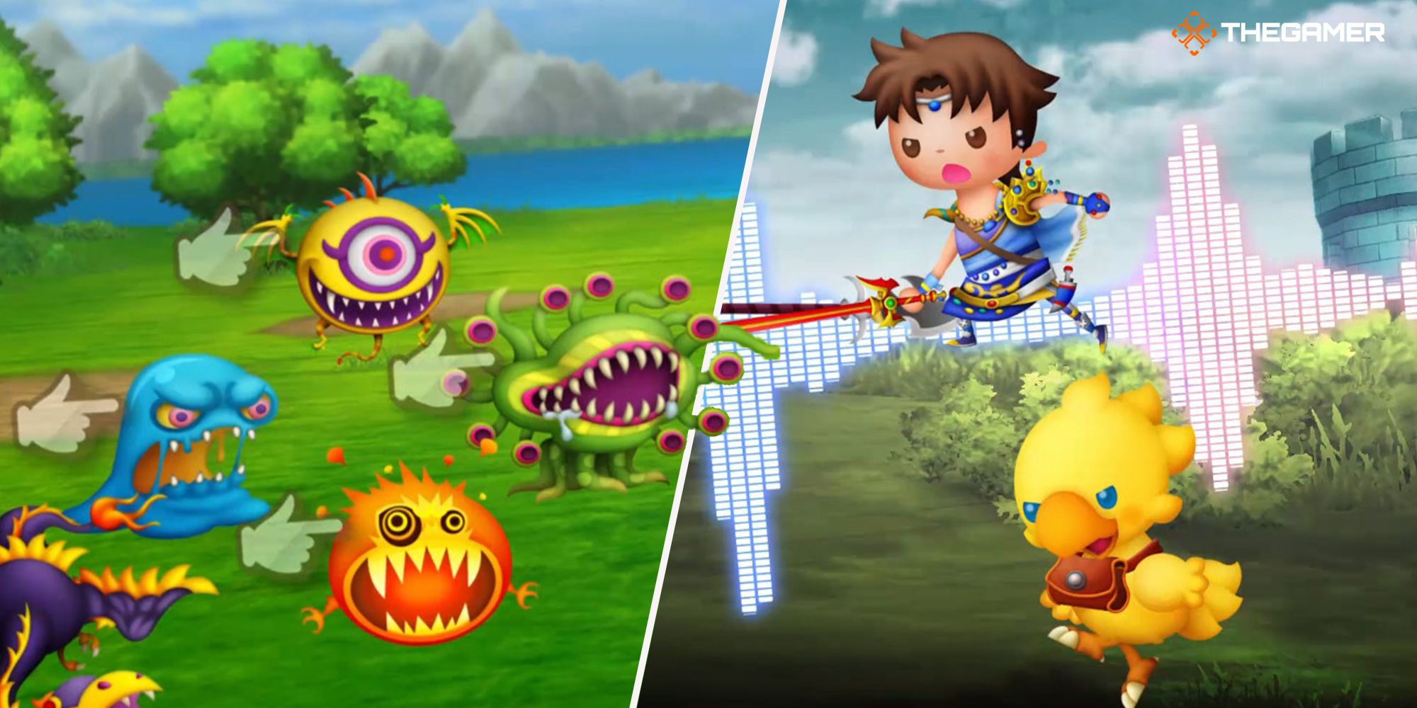 Left Panel: Monsters targeted in a field by blinking cursors. Right Panel: Bartz and Chocobo preparing to attack near a castle. Theatrhythm: Final Bar Line.