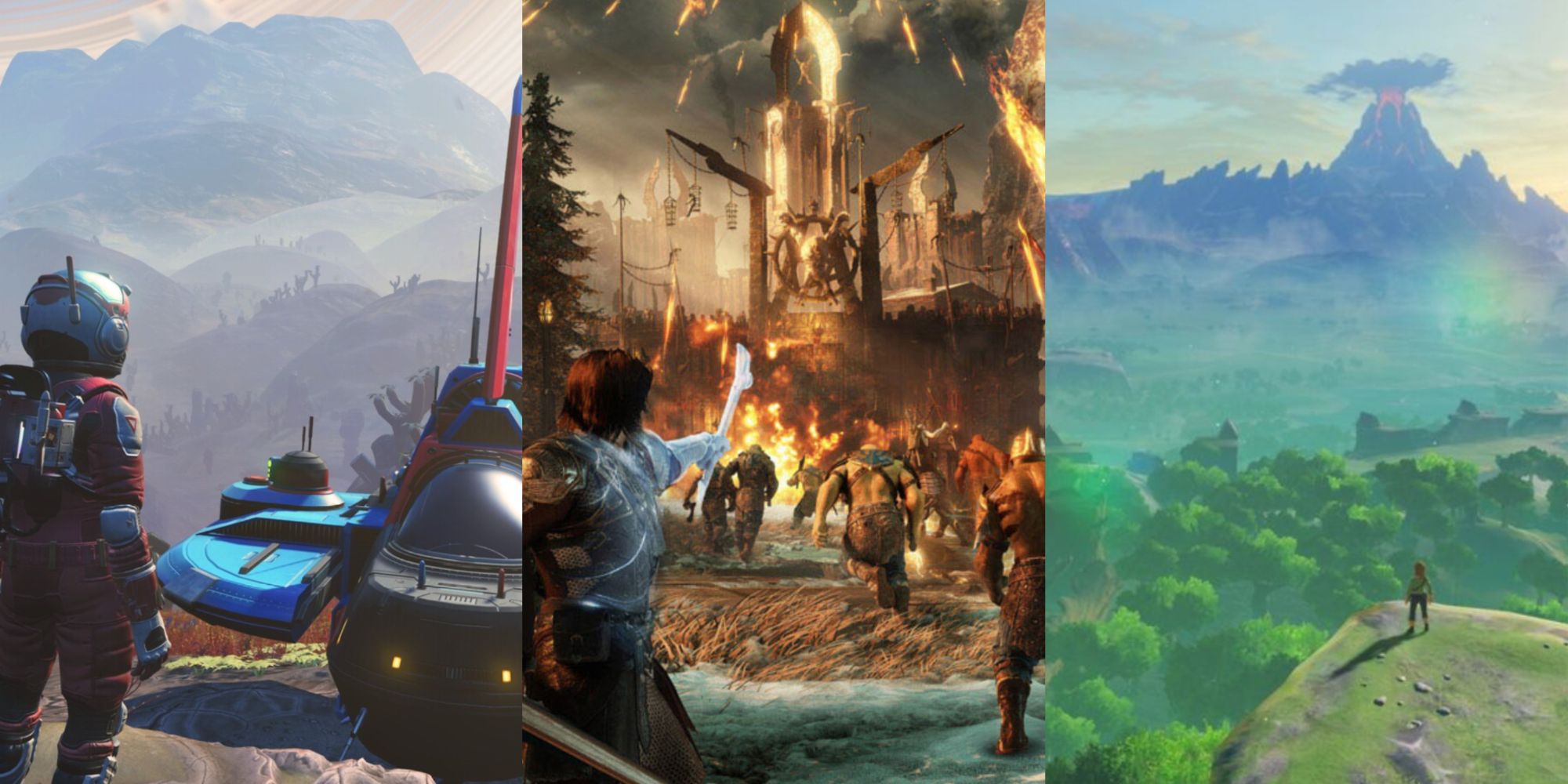 Collage of Action-Adventure Games Better Played On A Small Screen, featuring No Man's Sky, Middle-earth: Shadow of War, and The Legend of Zelda: Breath of the Wild
