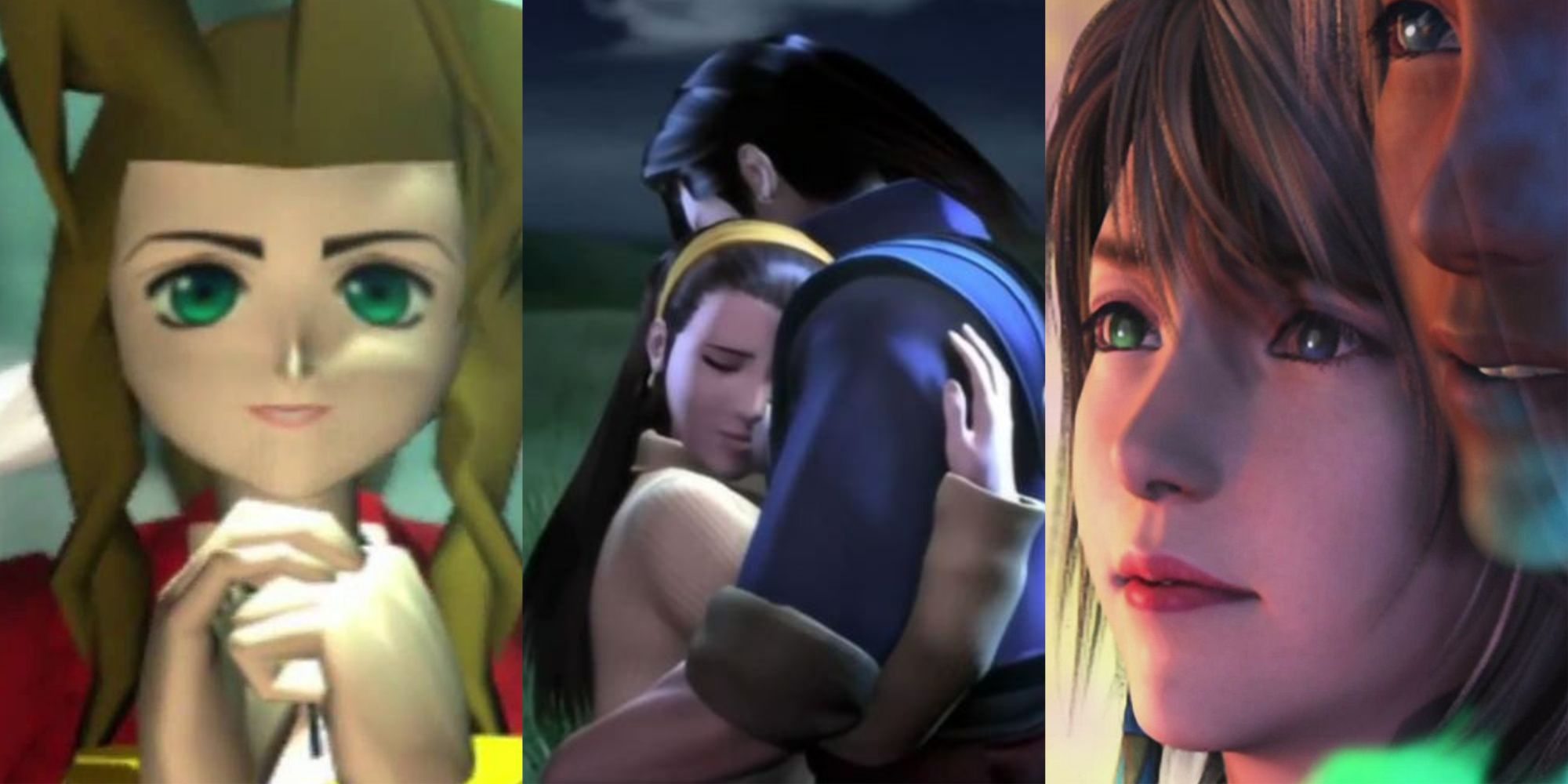 Aerith's death from FF7, Laguna and Raine hugging from FF8, and Yuna with a fading Tidus from FF10