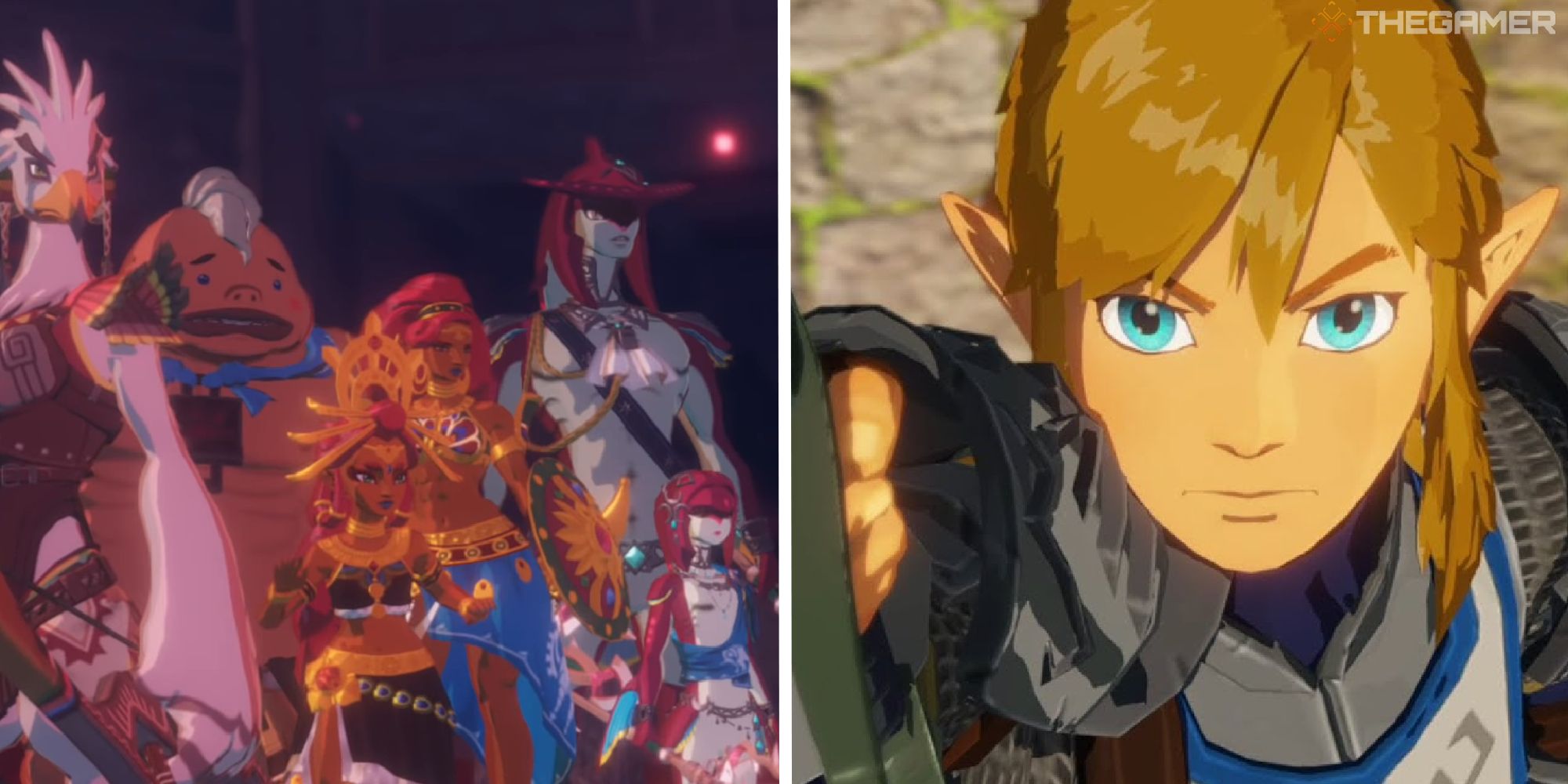 split image showing champions, next to image of link looking up