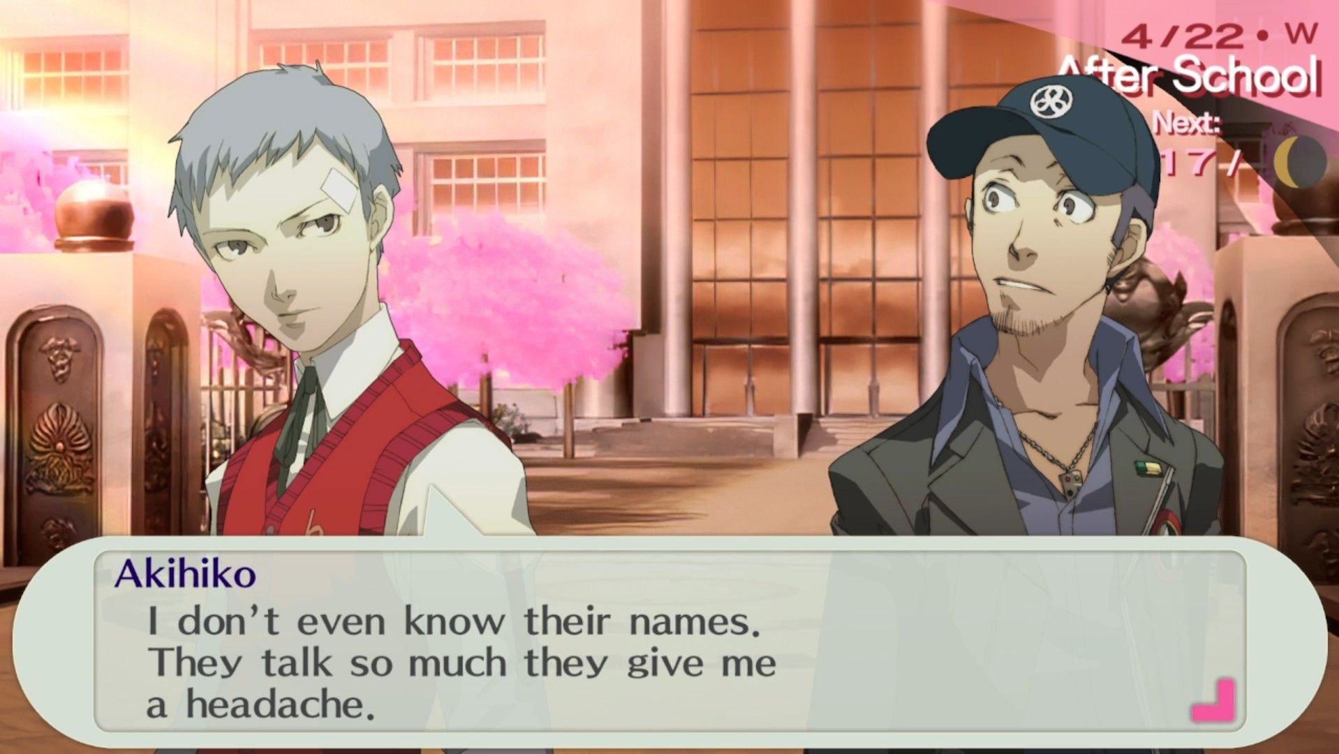 akihiko telling the female protagonist and junpei that his female fangirls give him a headache in persona 3 portable