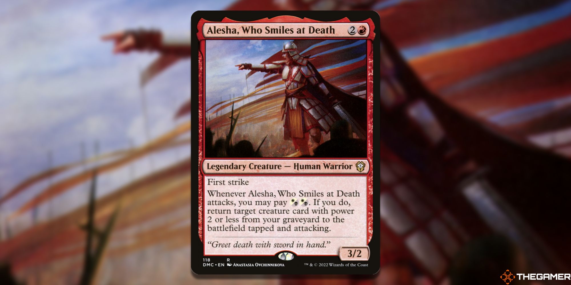 Image of the Alesha, Who Smiles at Death card in Magic: The Gathering, with art by Anastasia Ovchinnikova
