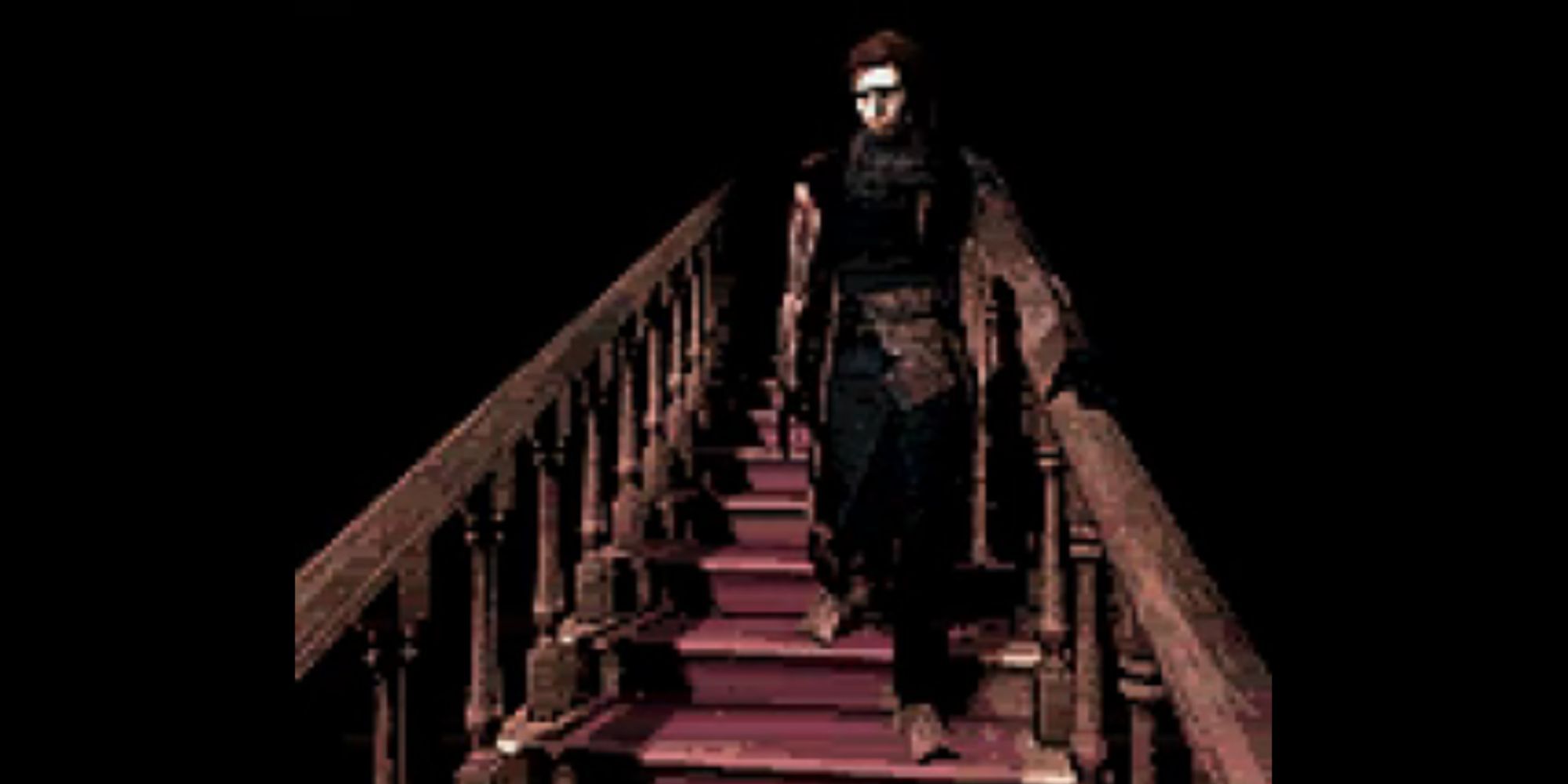 Carnby walks down stairs in the dark in Alone in the Dark