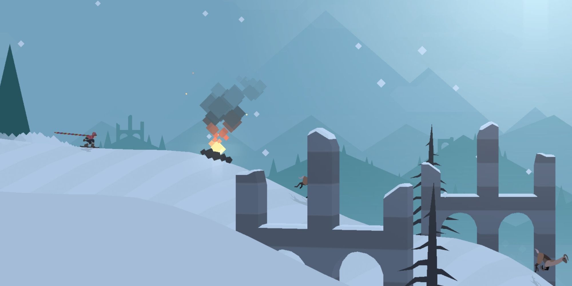 Alto snowboarding across the mountain slopes and a campfire ahead (from Alto's Adventure)