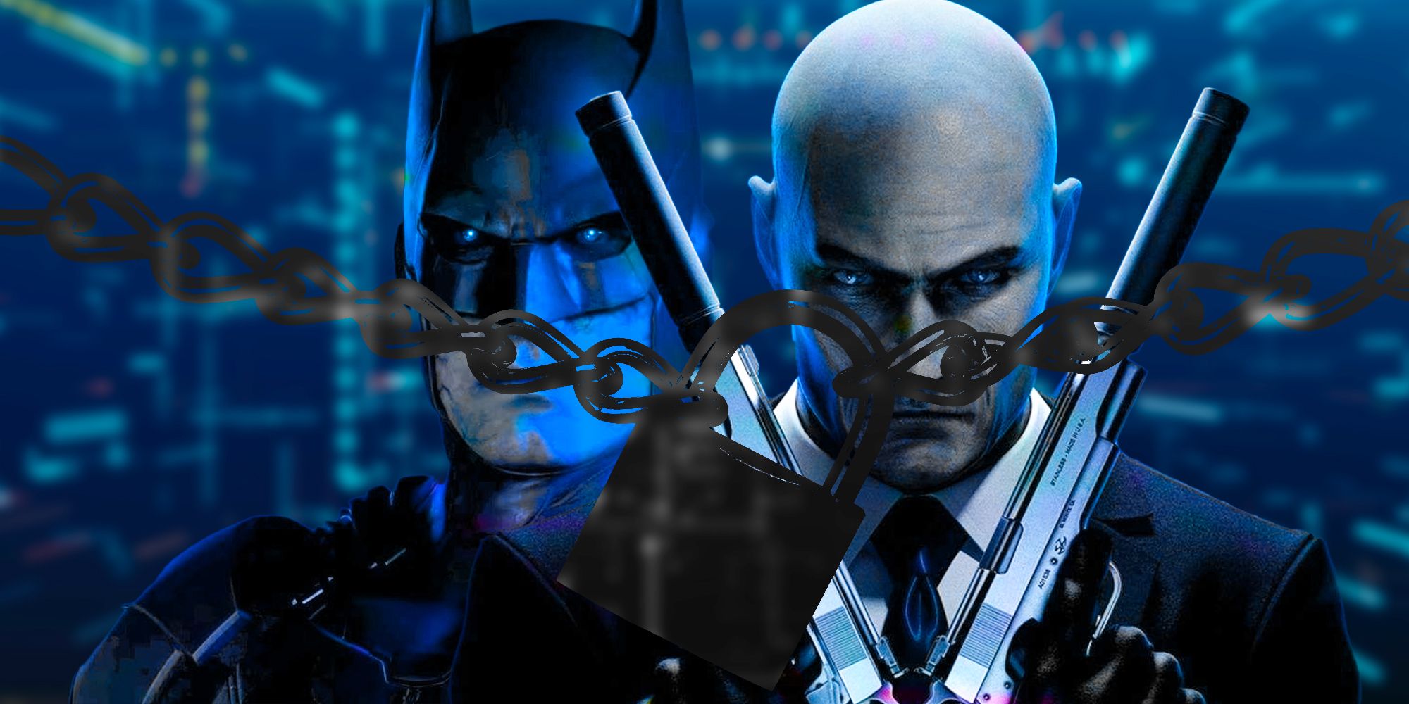 Batman and Agent 47 with a lock and chain across the front of the picture