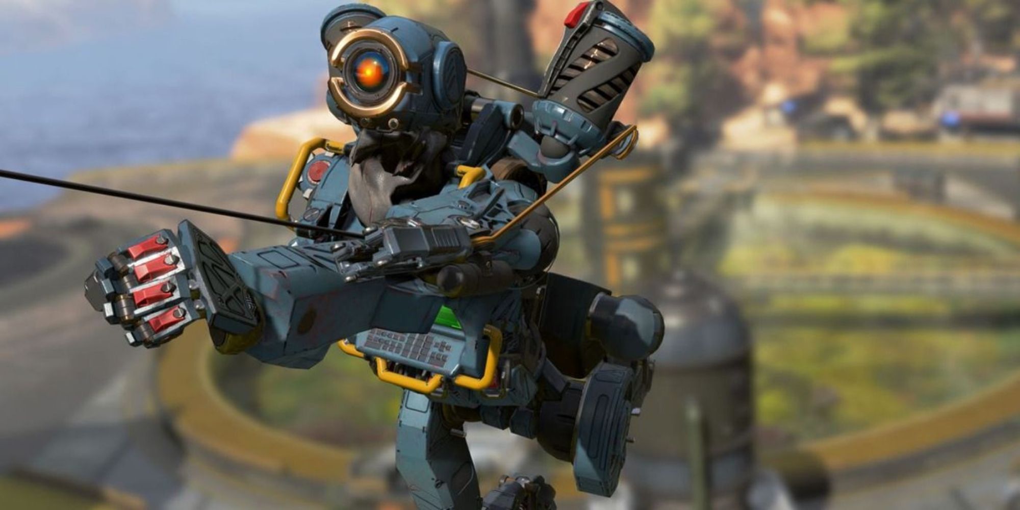 Pathfinder mitten im Flug mit seinem Greifhaken in Apex Legends