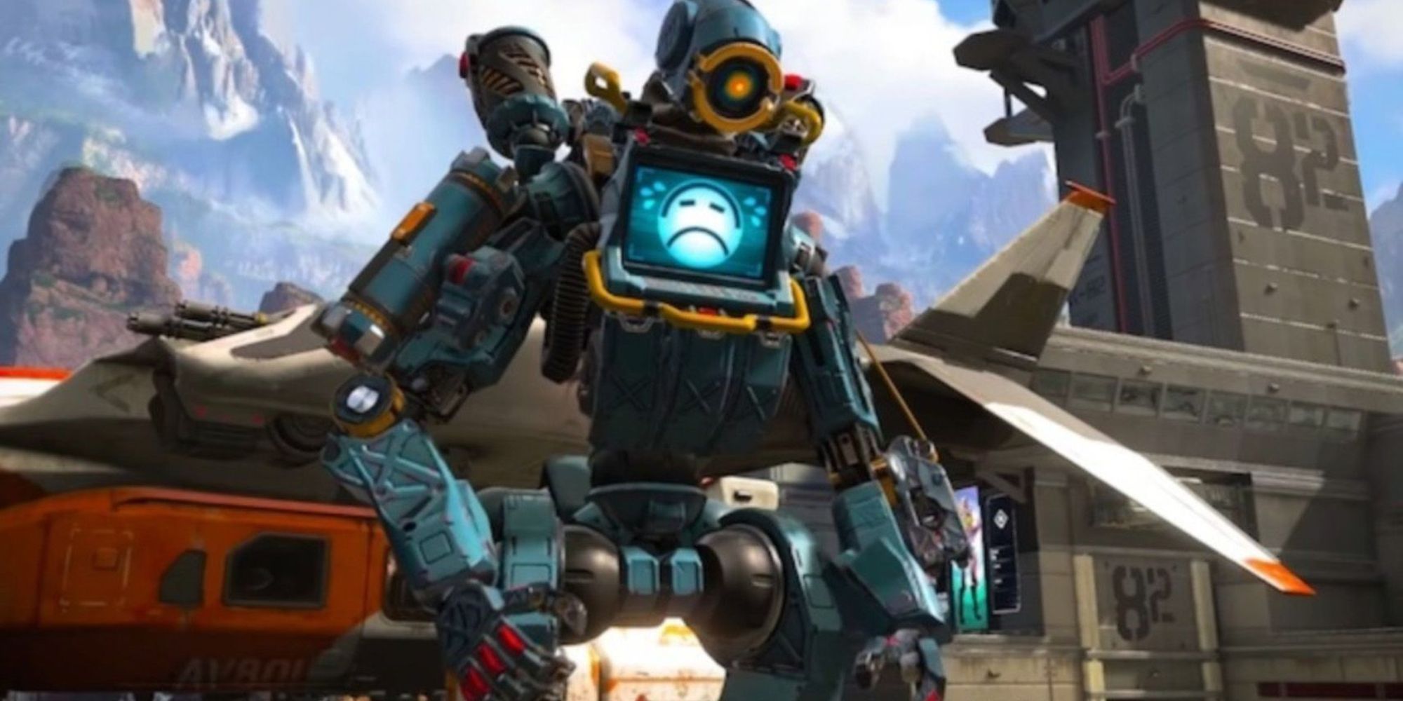 Apex Legends - Pathfinder stands with a blue sad face appearing on his monitor