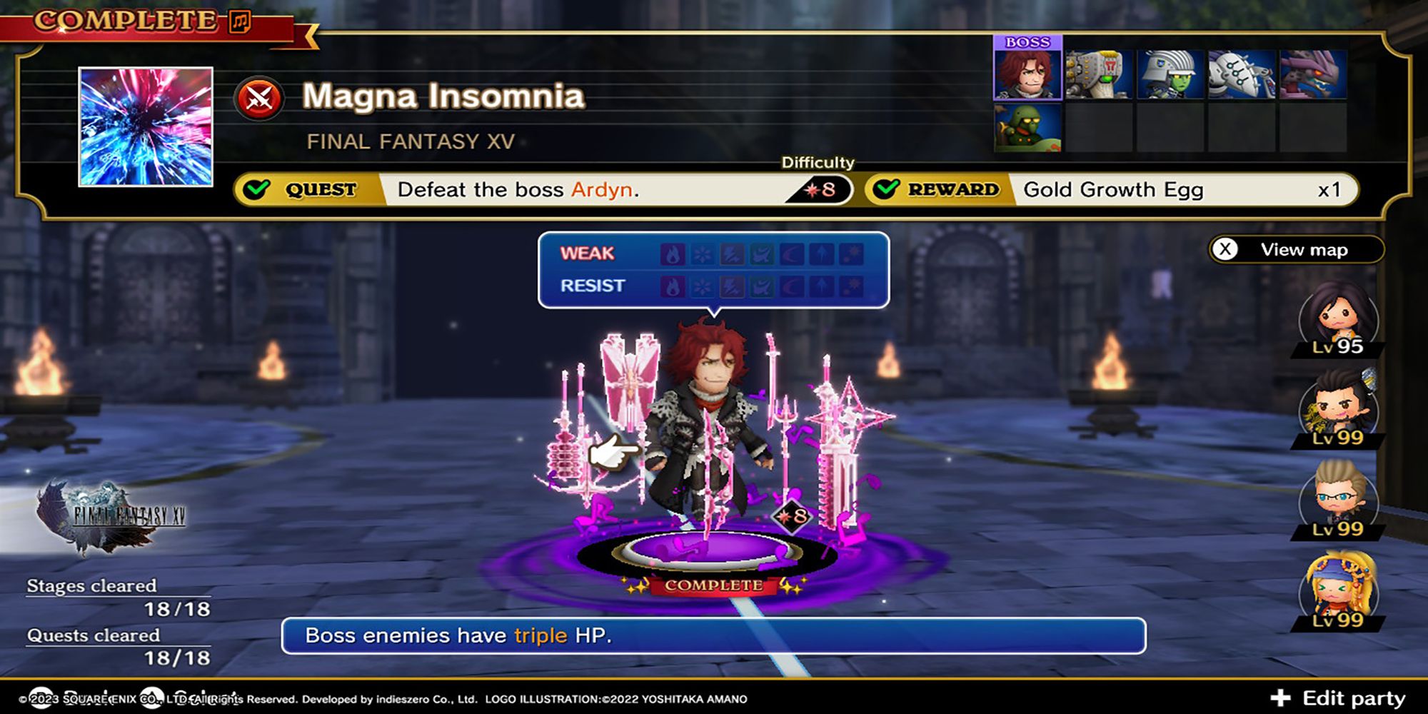 Ardyn stands surrounded by weapons inside a castle on the FF15 Magna Insomnia Series Quest page in Theatrhythm: Final Bar Line.