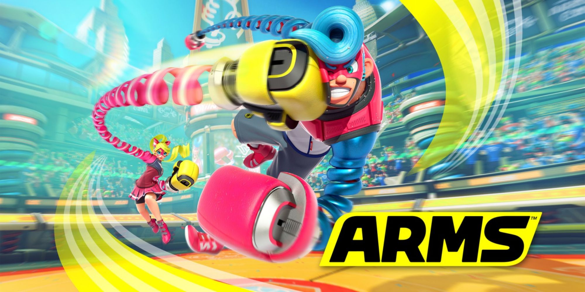 Arms for the Nintendo Switch cover art, featuring one character punching another in cartoon style