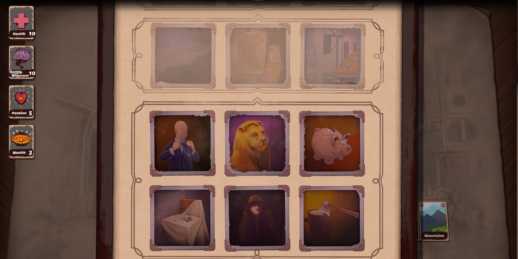A sepia upgrade menu made to look like a photo album with colored in pictures