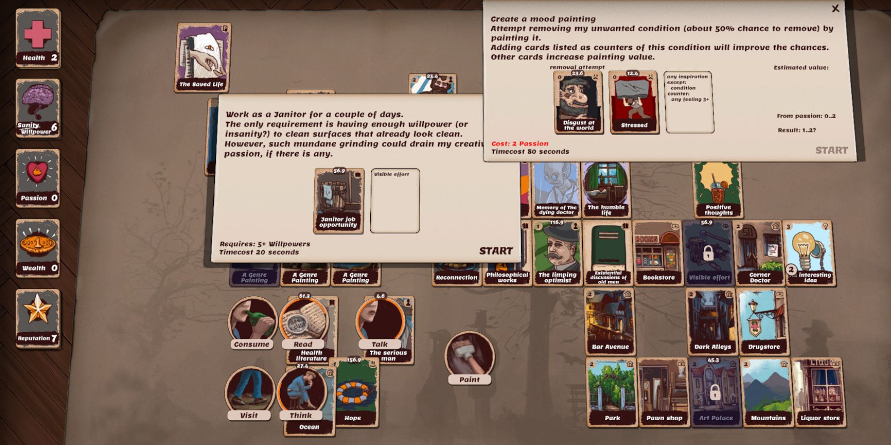 A cluttered tabletop full of cards with several windows open. The windows are all paused