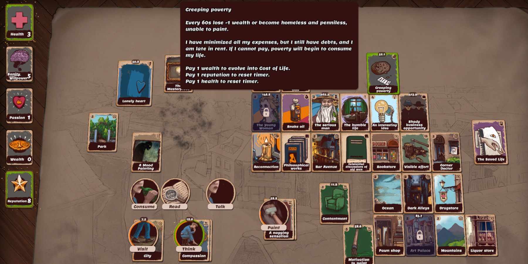 A cluttered tabletop with a dark brown text box describing the creeping poverty mechanic