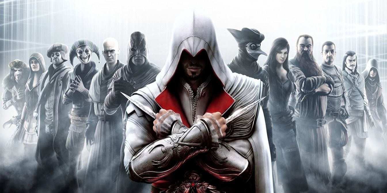 Ezio steht vor mehreren Assassinen der Bruderschaft