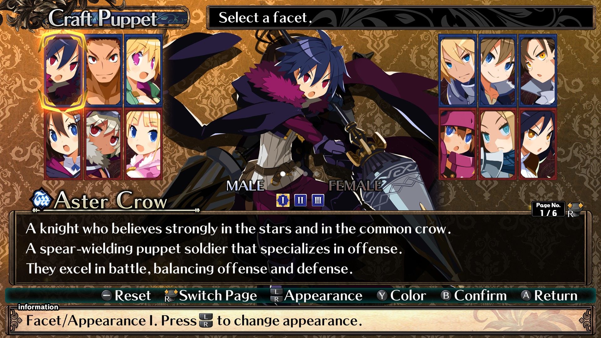 Labyrinth Of Galleria: The Moon Society Aster Crow character creation screen showing the male character and class description.