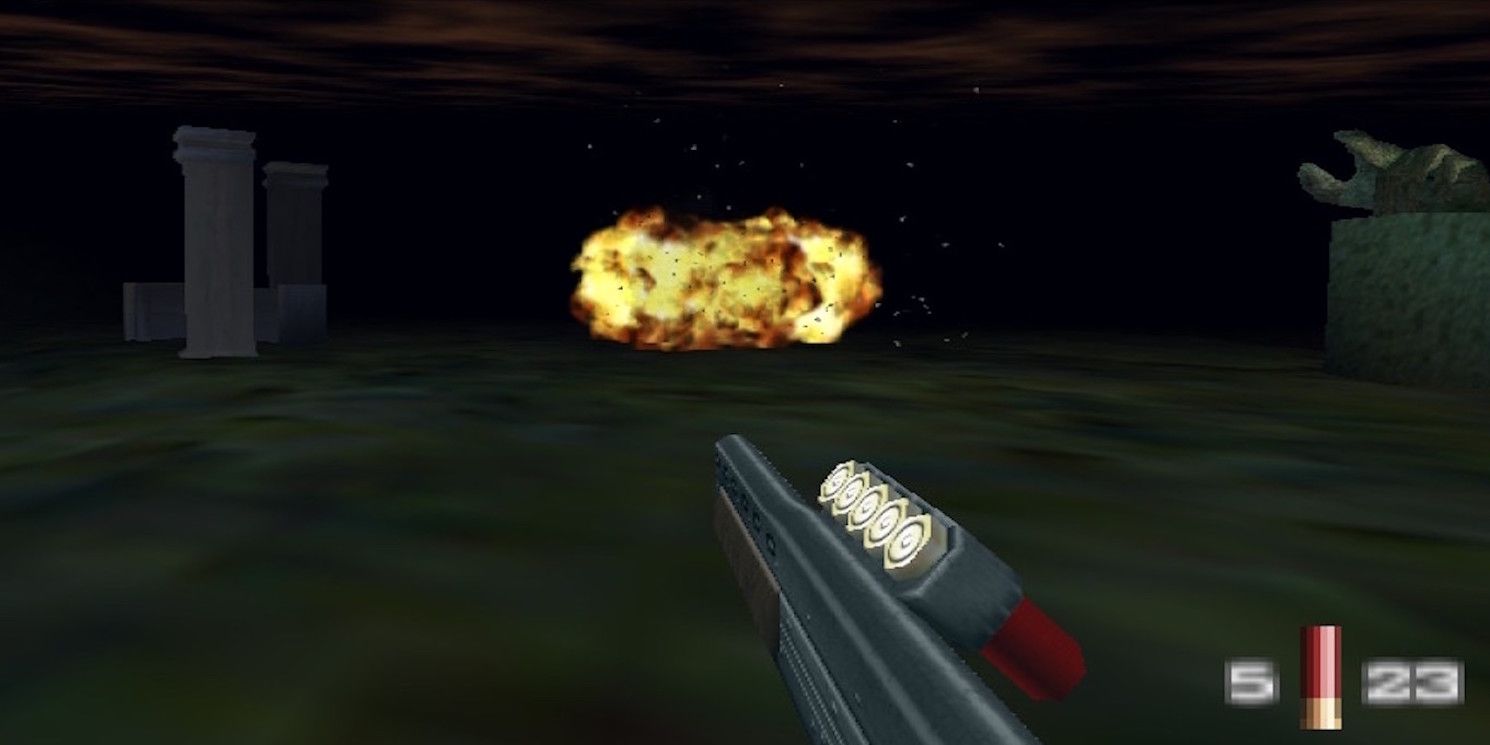 looking at explosion with automatic shotgun equipped Goldeneye 007