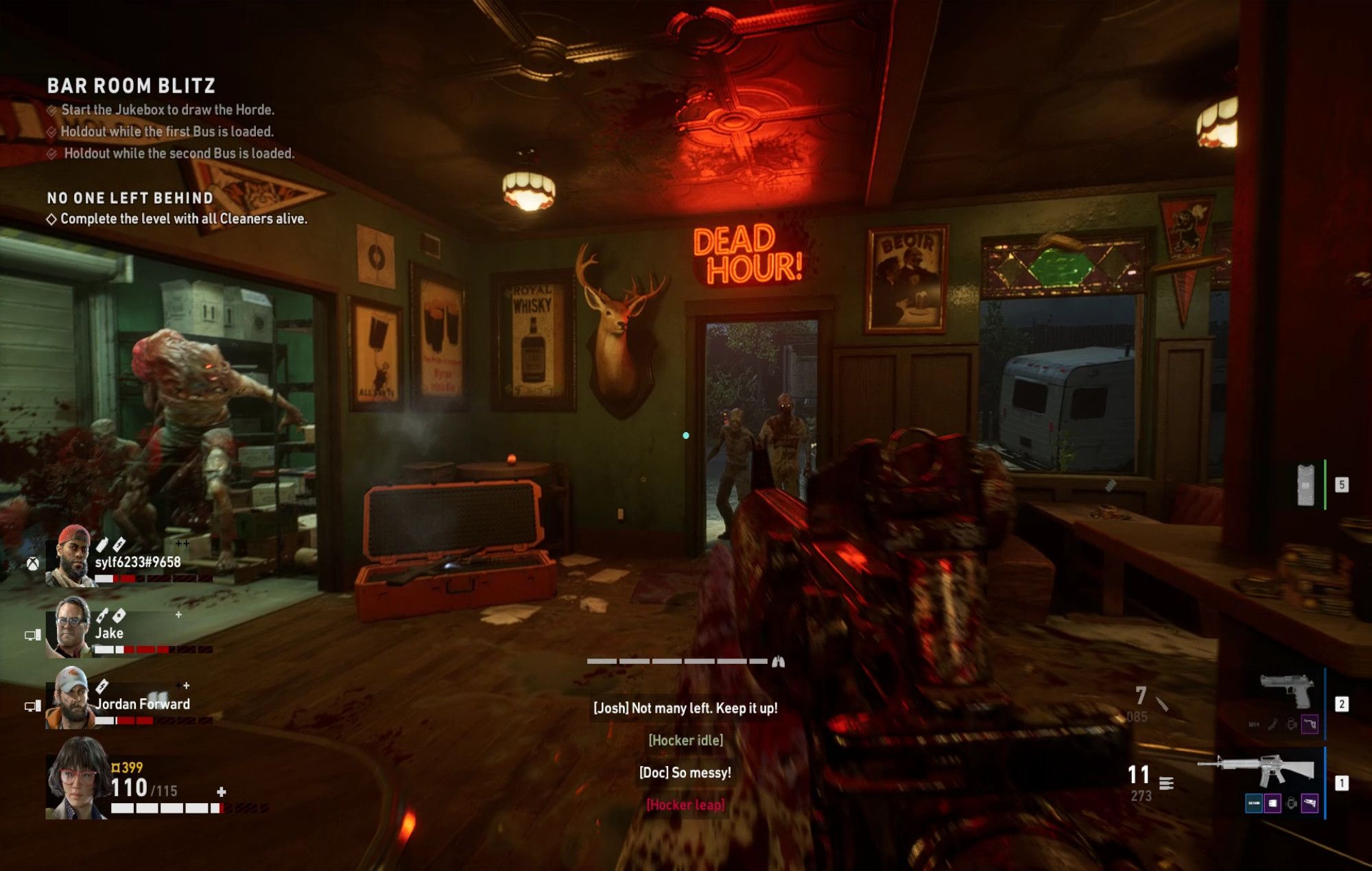 Back 4 Blood Gameplay with Heng in a room about to shoot down zombies entering through the far door.