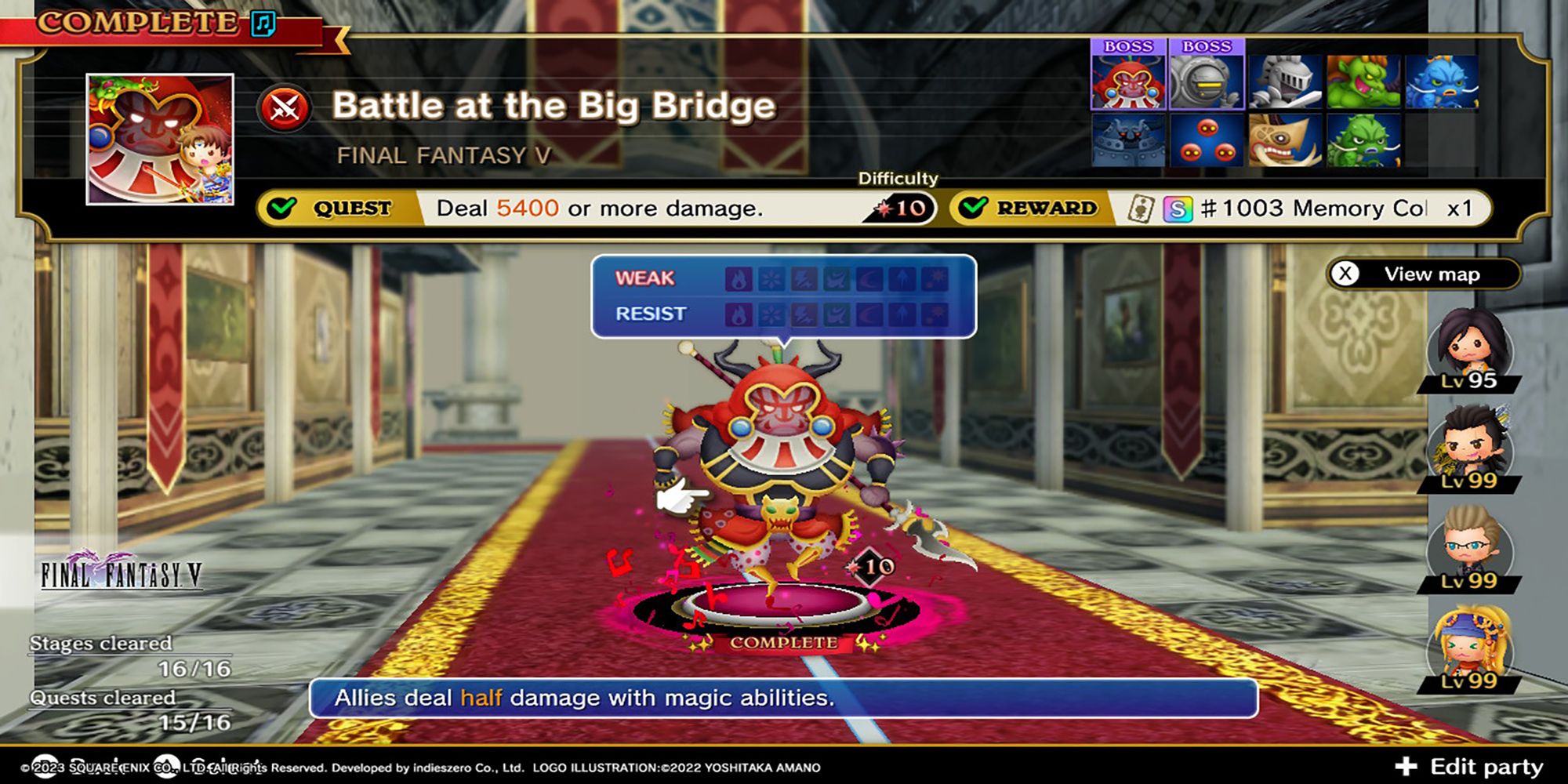 Gilgamesh confronts your party inside a castle on the Battle At The Big Bridge Quest Summary Screen in Theatrhythm: Final Bar Line.
