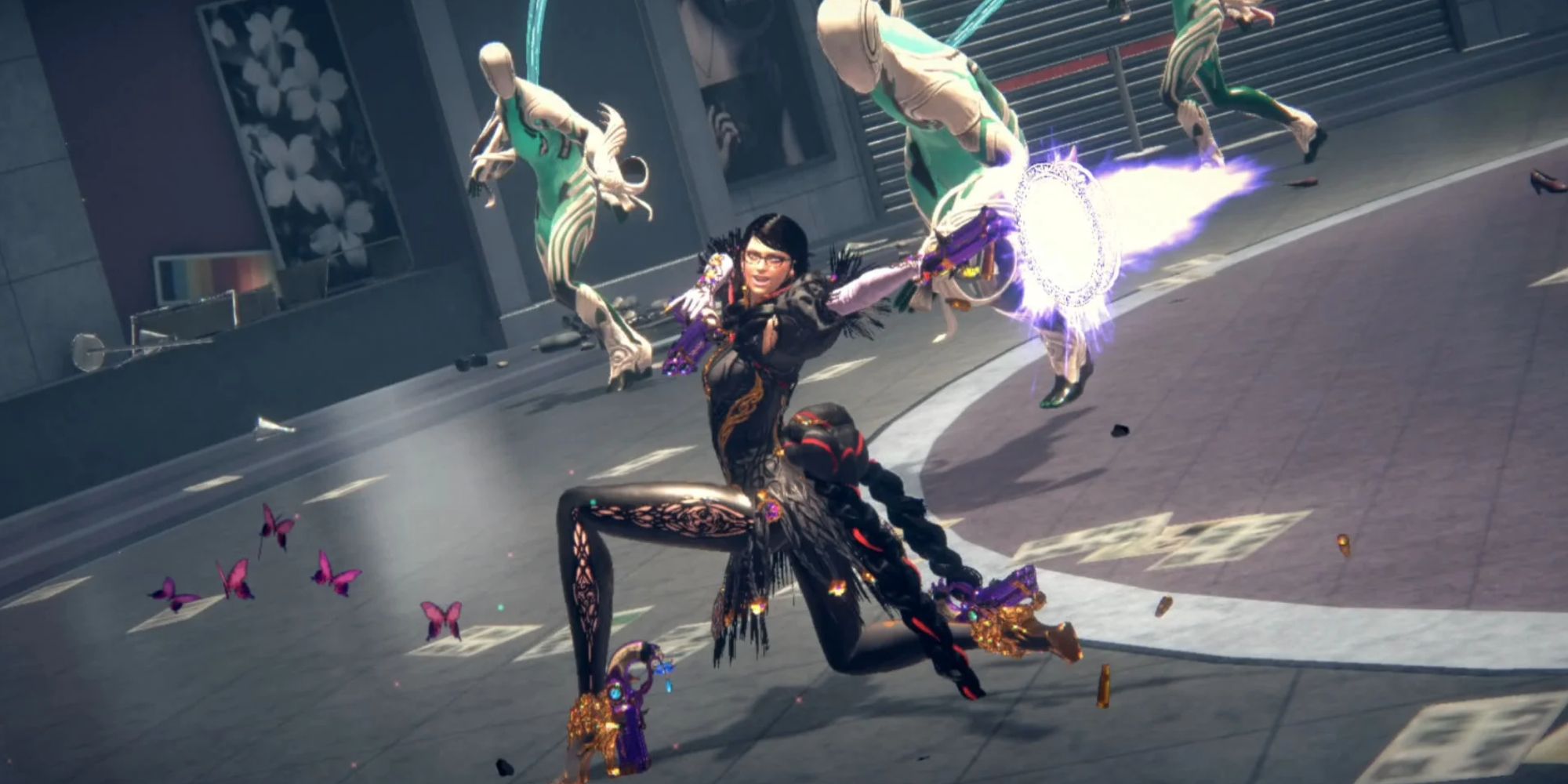 Bayonetta firing her pistols in Bayonetta 3