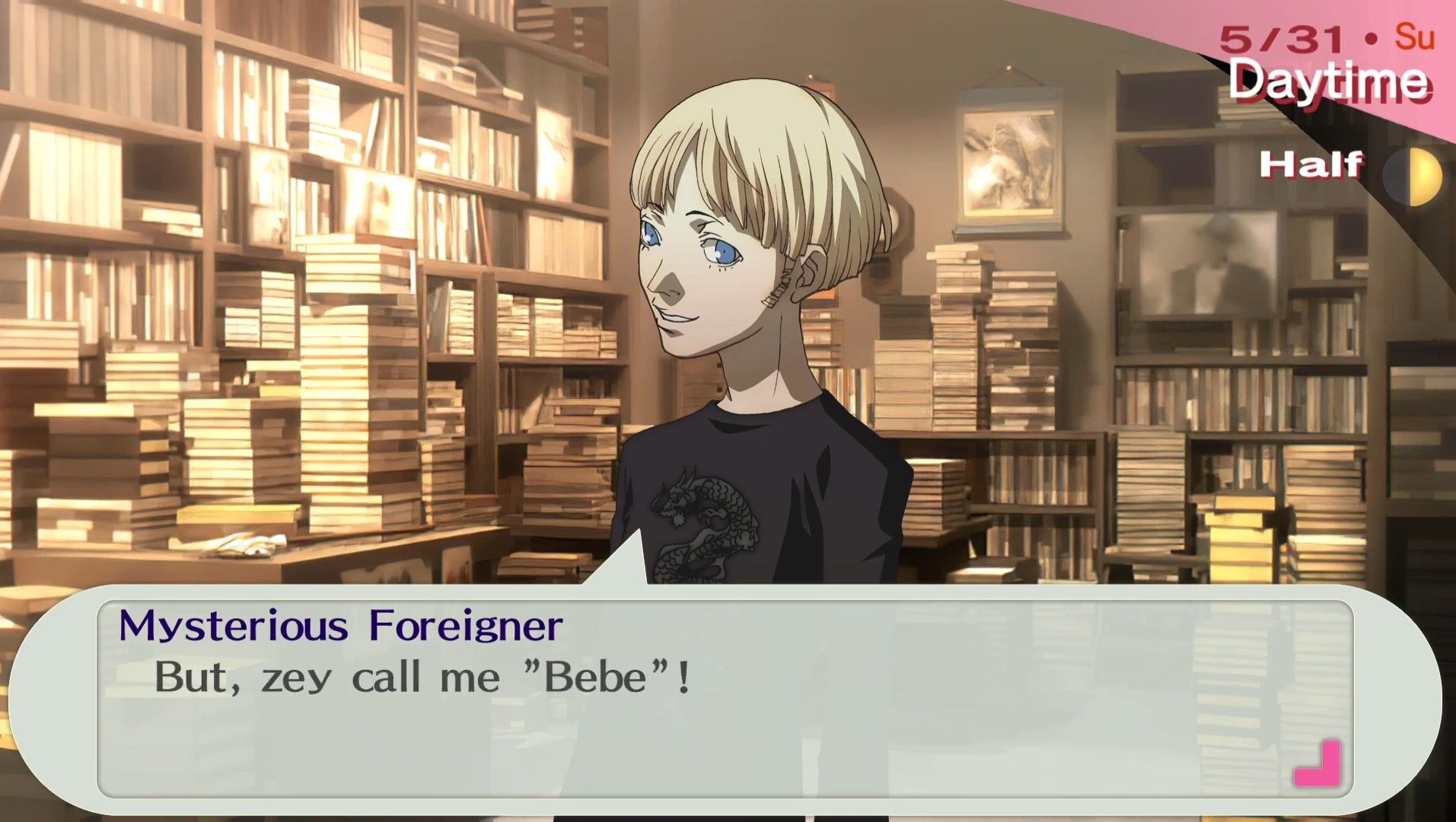 bebe at bookworms introducing himself to the protagonist as bebe in persona 3 portable