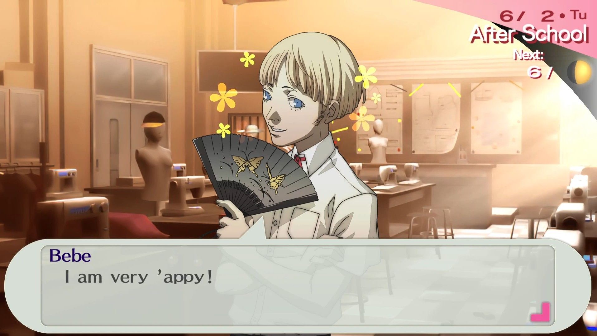 bebe being happy with your dialogue response in persona 3 portable