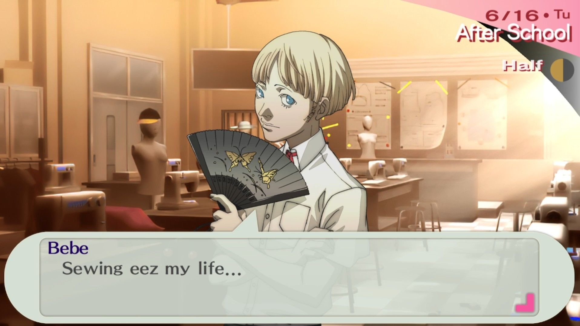 bebe explaining that he loves sewing and it's his life in the home ec room at gekkoukan in persona 3 portable