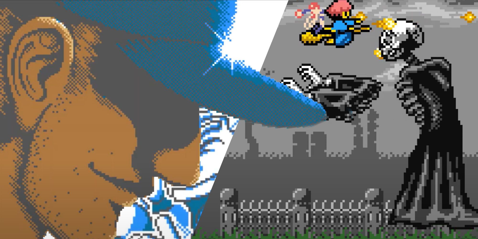 A split image featuring a baseball player from Baseball Stars and Cotton fighting a giant skeleton boss. 
