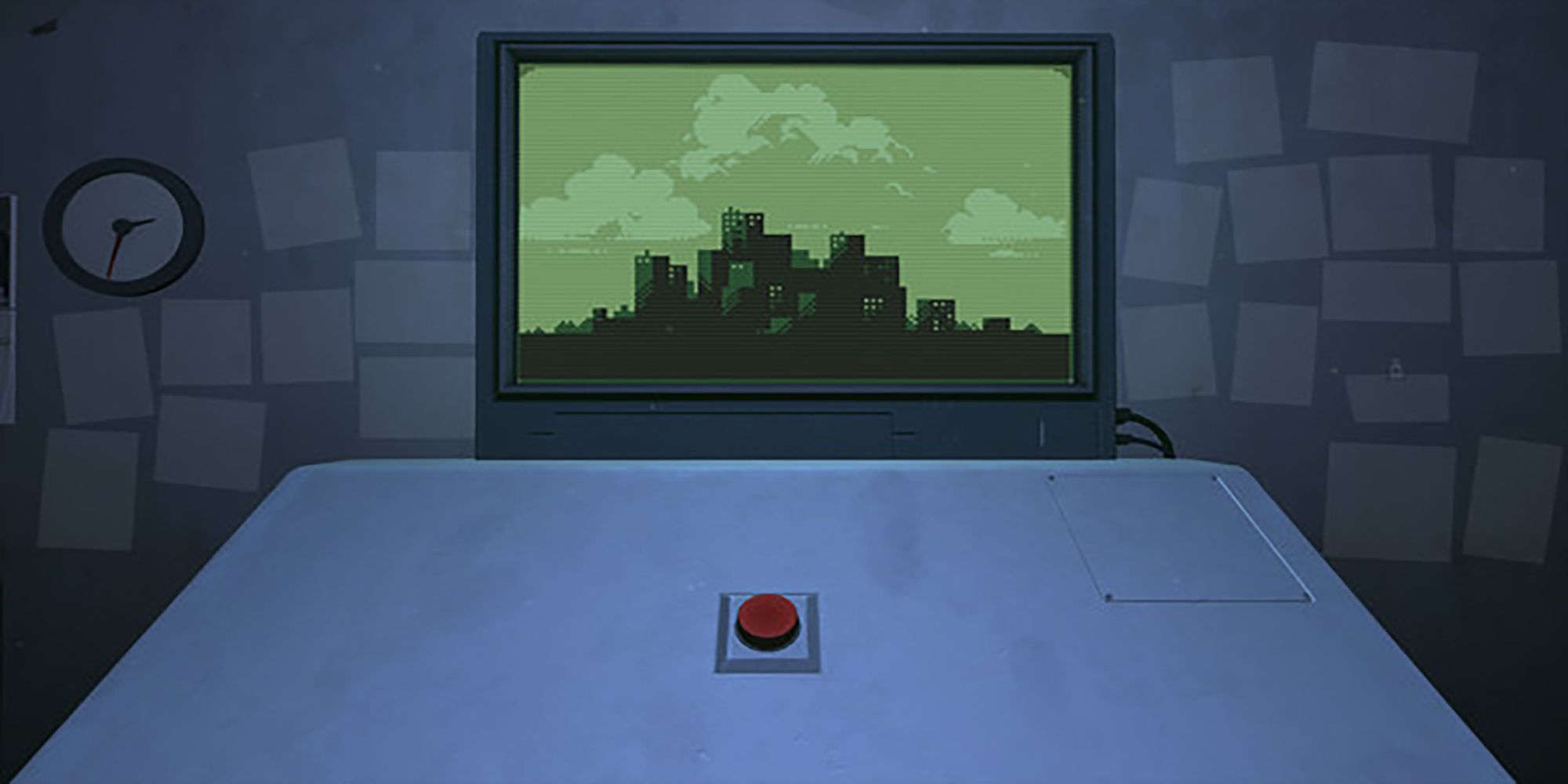 A big red button sits in front of a screen of a cityscape in Please, Don't Touch Anything 3D.