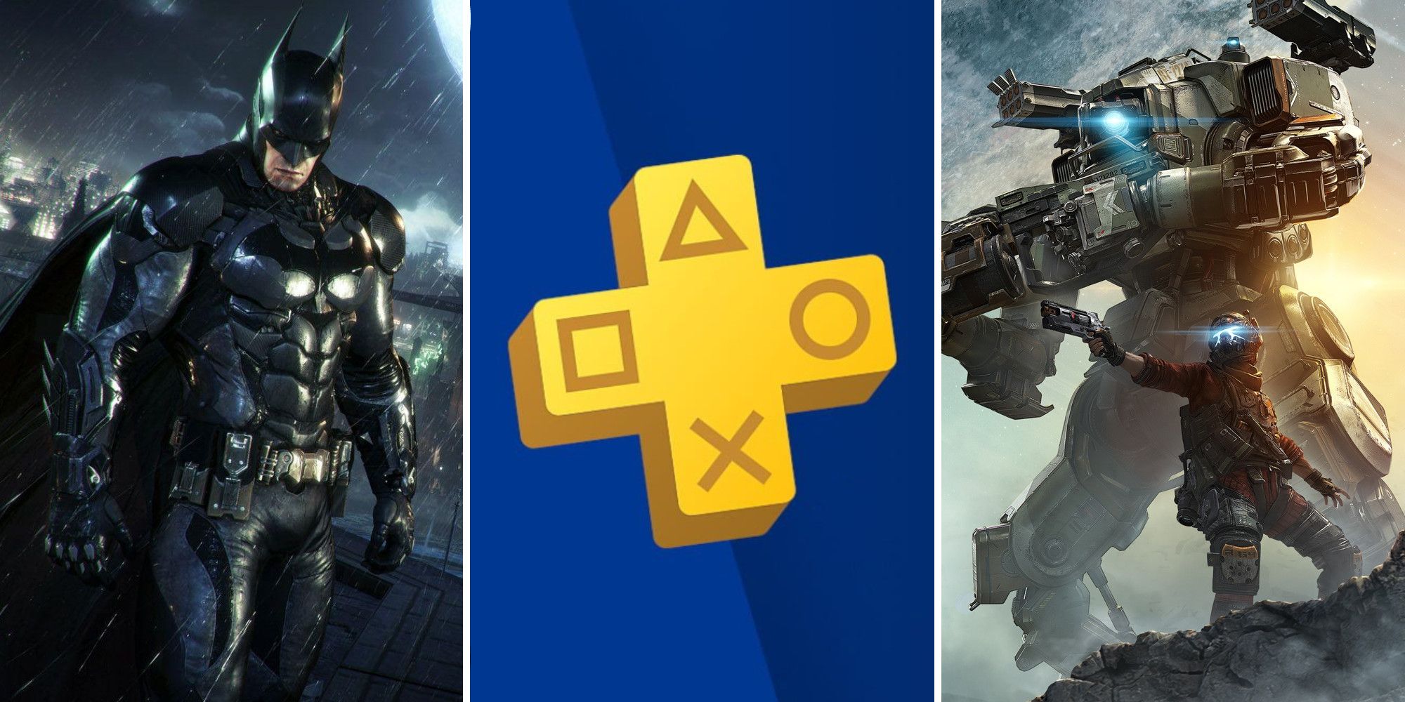 Batman, a PlayStation Plus logo, and BT and Jack Cooper from Titanfall 2