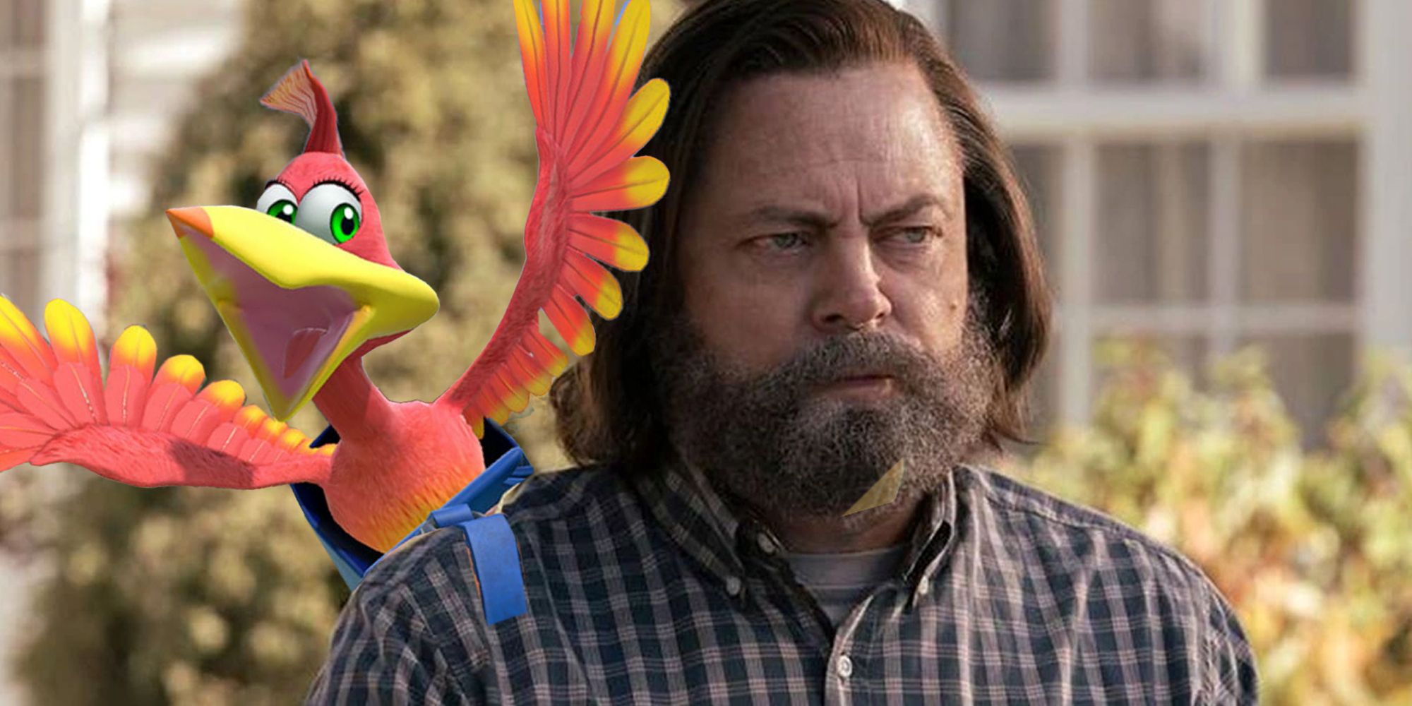 nick offerman as bill in the last of us with kazooie from banjo-kazooie on his shoulder