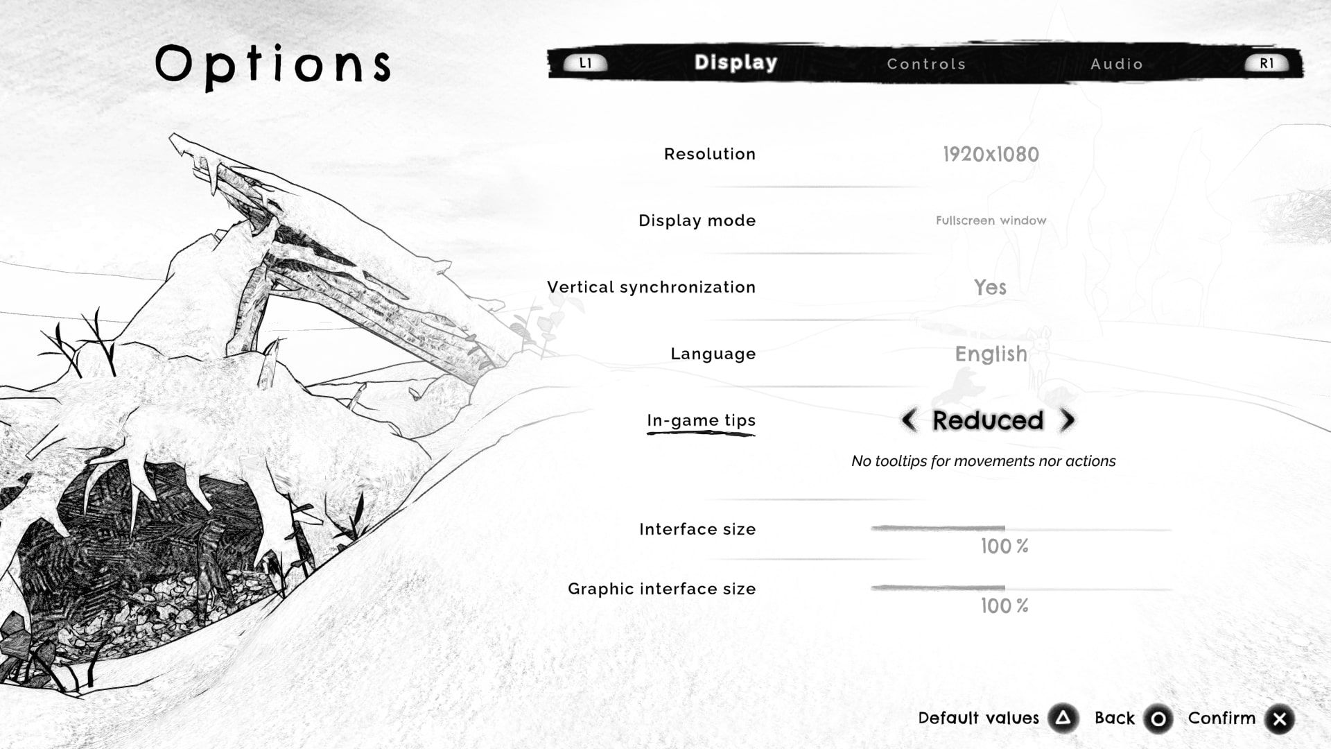 Blanc settings menu showing the Reduce in-game tips option.