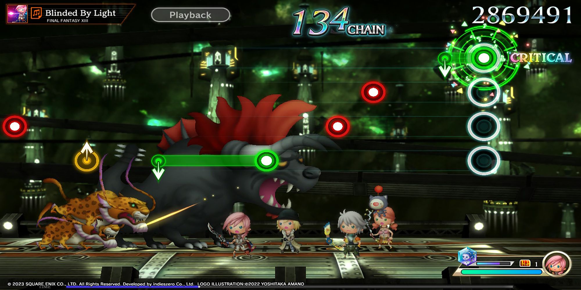 Lightning, Snow, Vanille, and Hope fight off monsters in a futurisitic cityscape in Theatrhythm: Final Bar Line.