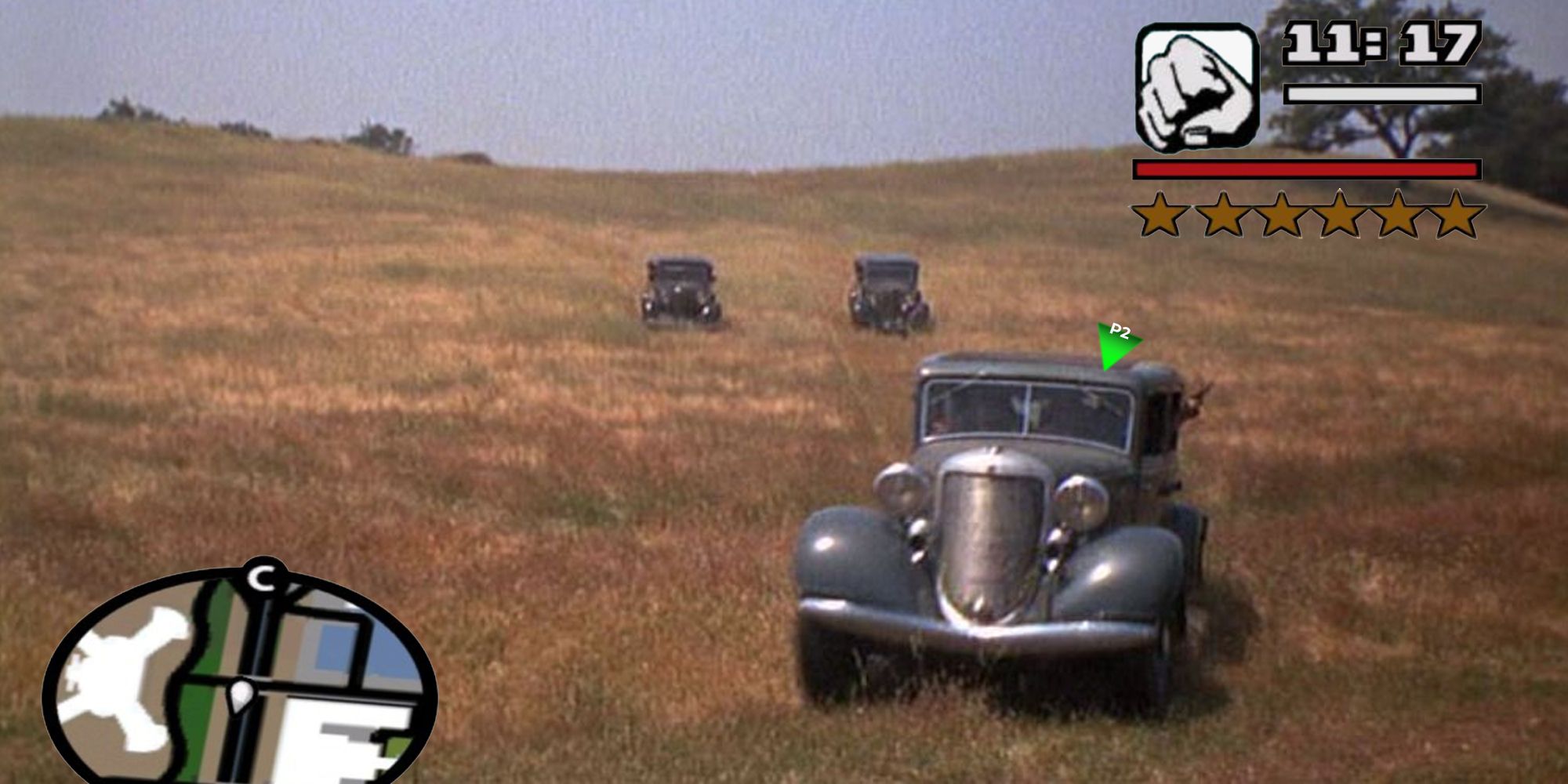 A shot from Bonnie and Clyde showing old cars with GTA UI superimposed on it.
