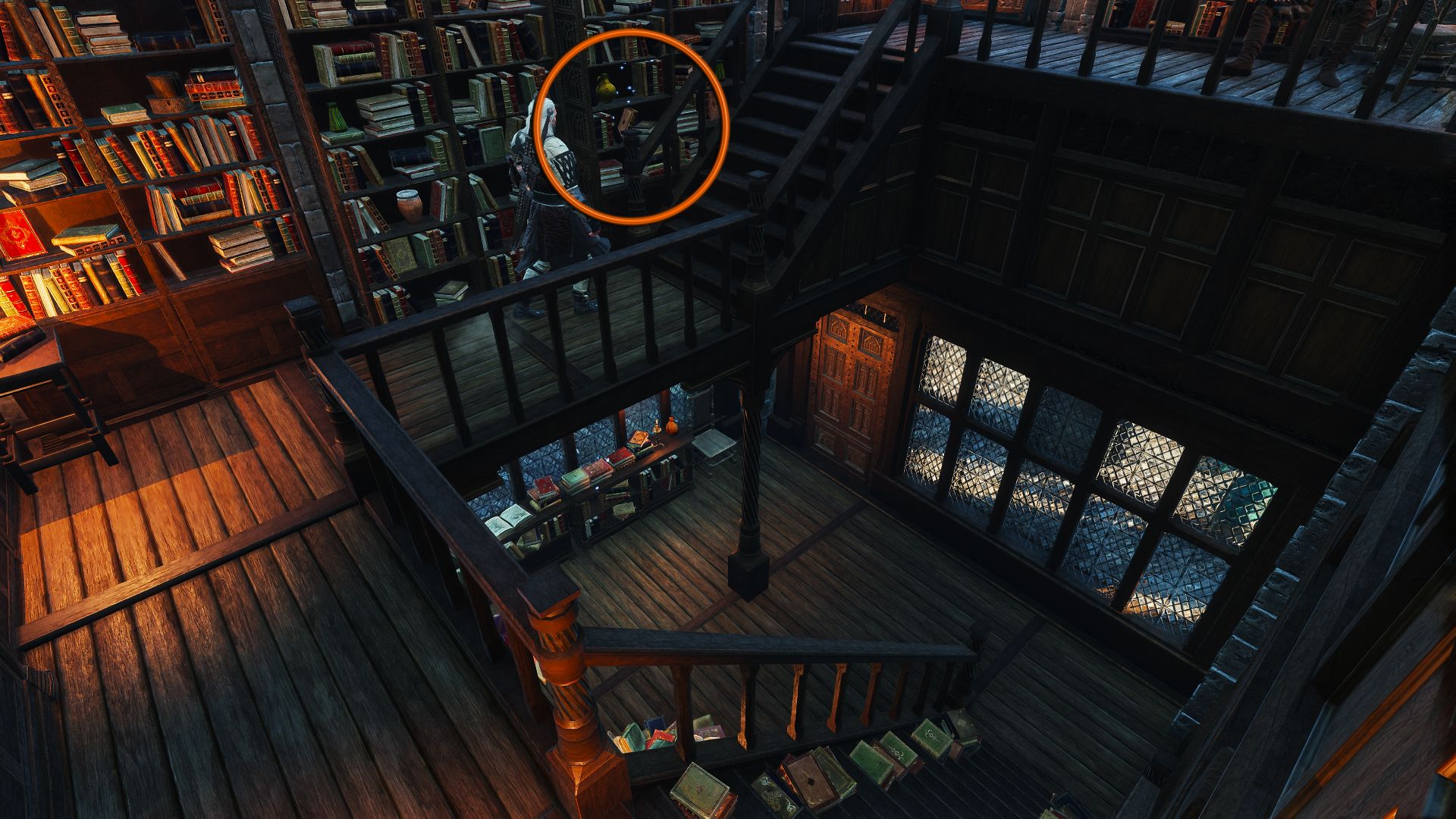 An annotated image of Geralt walking through a bookstore with an orange circle indicating where a book can be found.