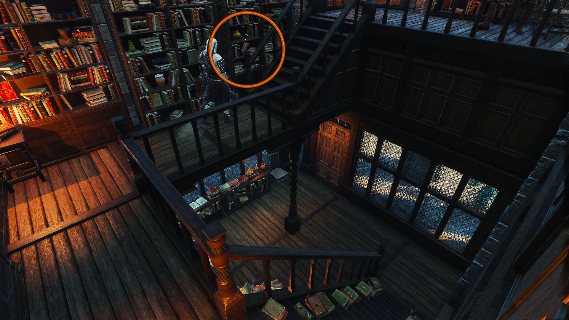 An annotated image of Geralt walking through a book store with an orange circle indicating where a book can be found.