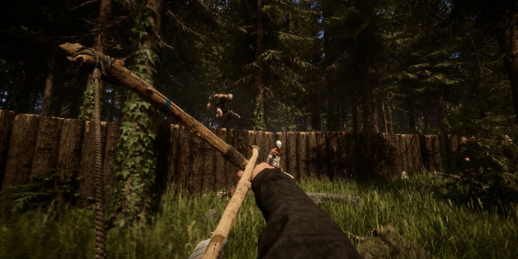 An image of the crafting bow from Sons of the Forest where the player aims the bow at cannibals climbing a wall. 