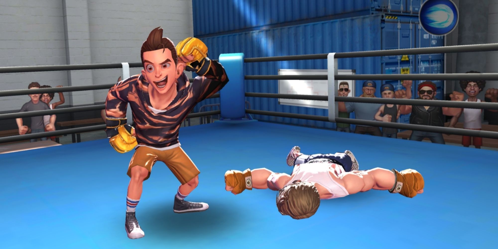 Jin from Boxing Star celebrating his victory and his opponent knocked out in the boxing ring