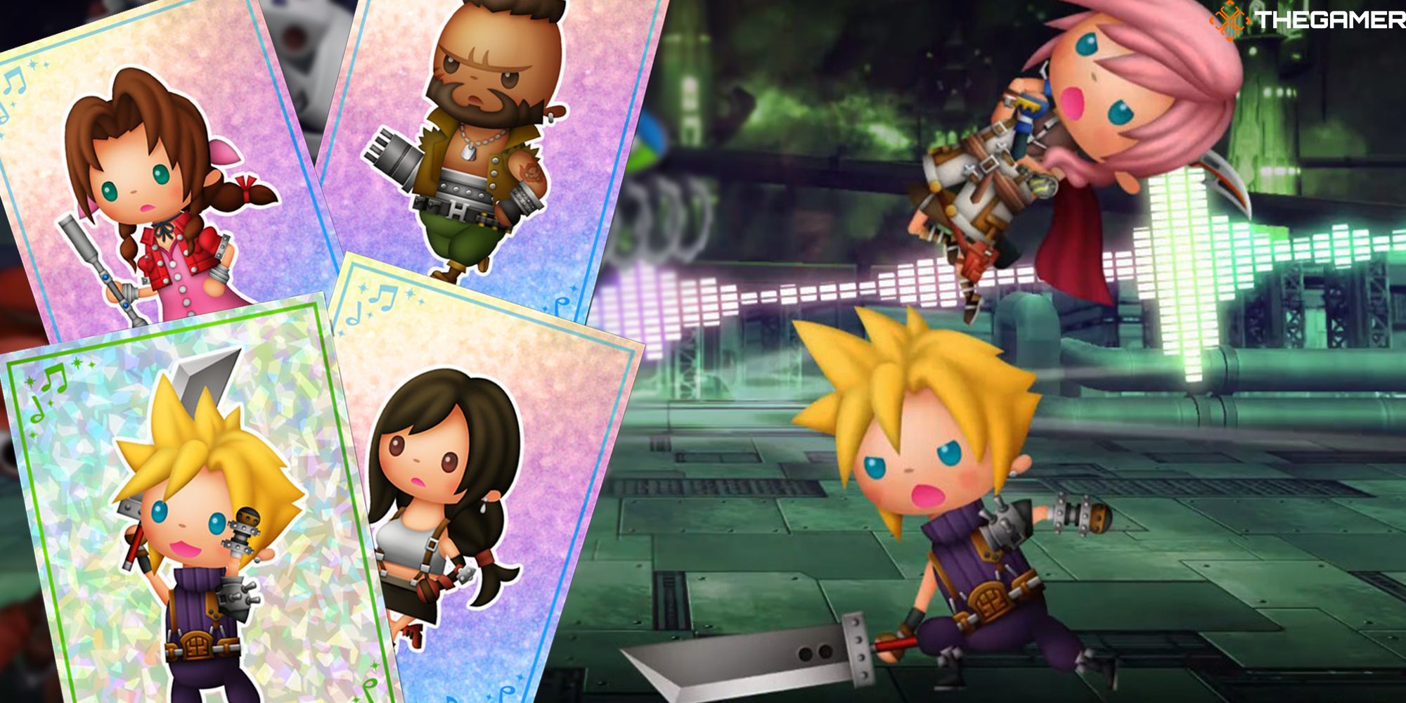Four Final Fantasy 7 character CollectaCards sit in front of a musical battle scene featuring Cloud and Lightning from Theatrhythm: Final Bar Line.
