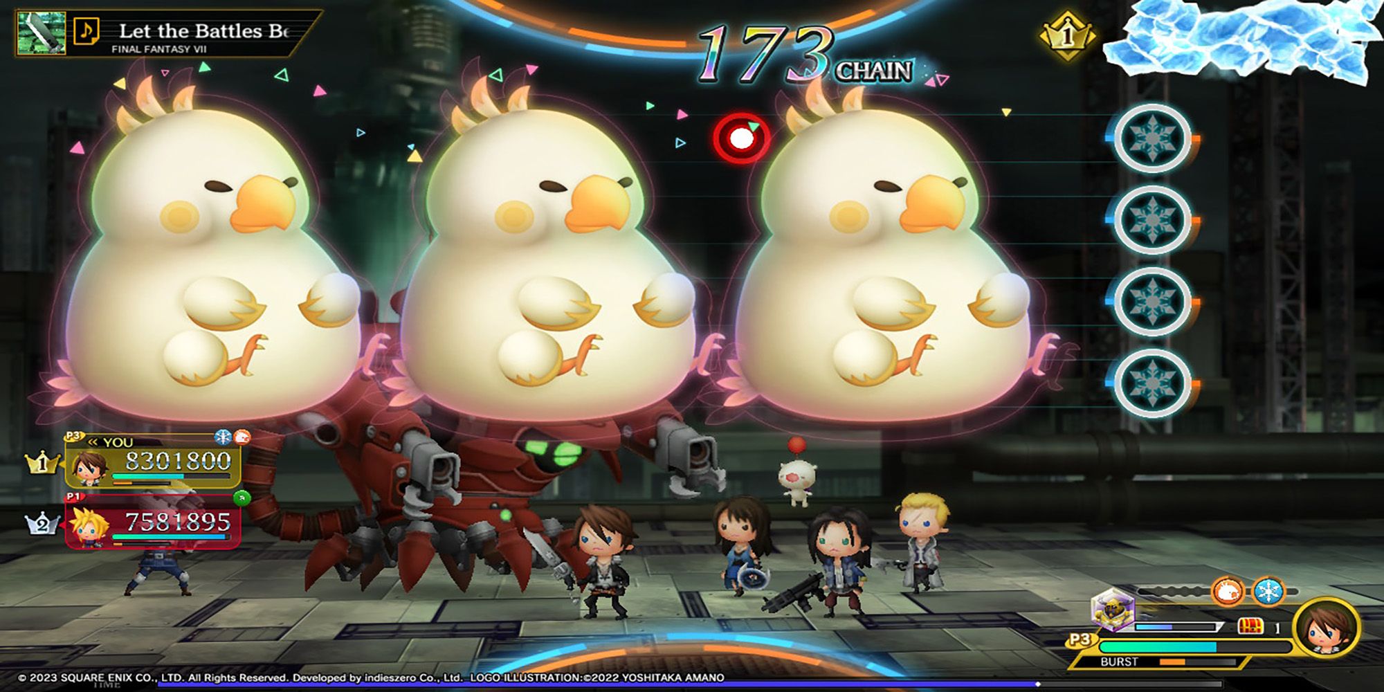 Squall, Rinoa, Laguna, and Seifer get impeded by a Fat Chocobo burst during a Multi Battle in Theatrhythm: Final Bar Line.