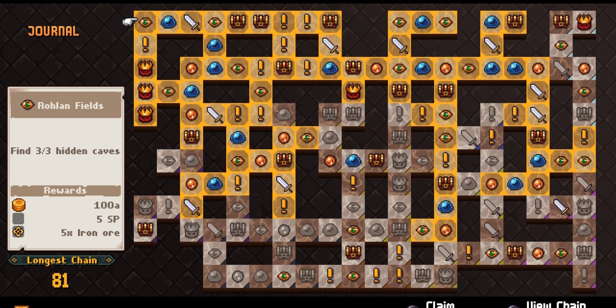 Chained Echoes - Reward Board for Rohlan Fields, highlighting a tile that wants you to find Three Hidden Caves