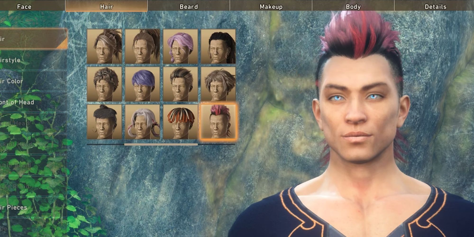 Creating a character in Wild Hearts. The customisation is currently set to hairstyles and on the right is showing a preview of a character with pink and black hair.