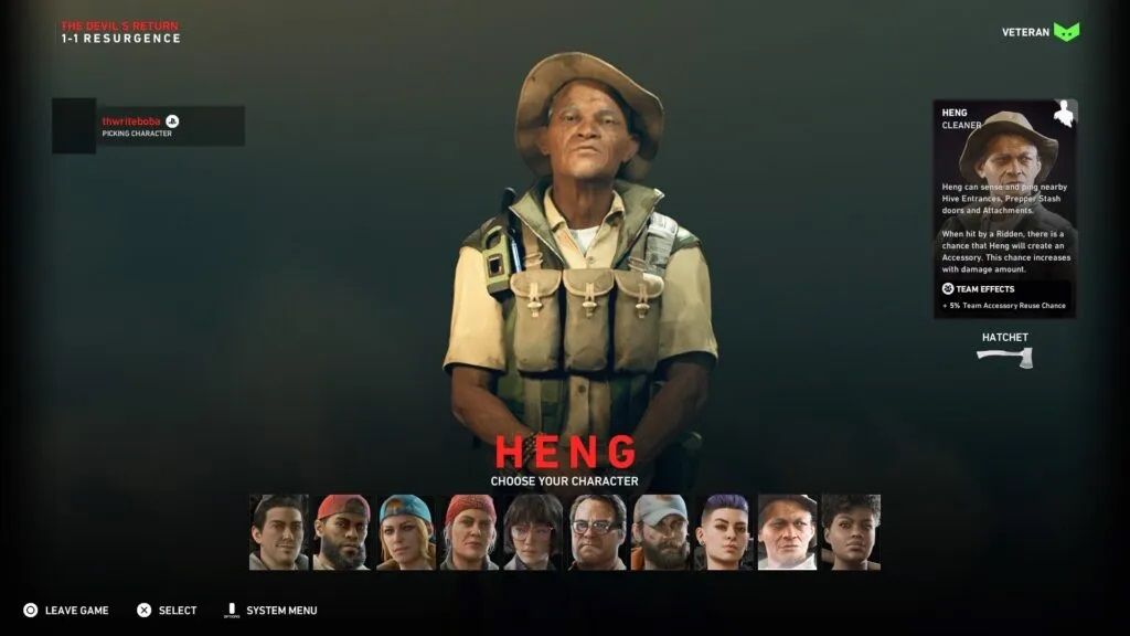 Heng in Back 4 Blood on the character selection screen