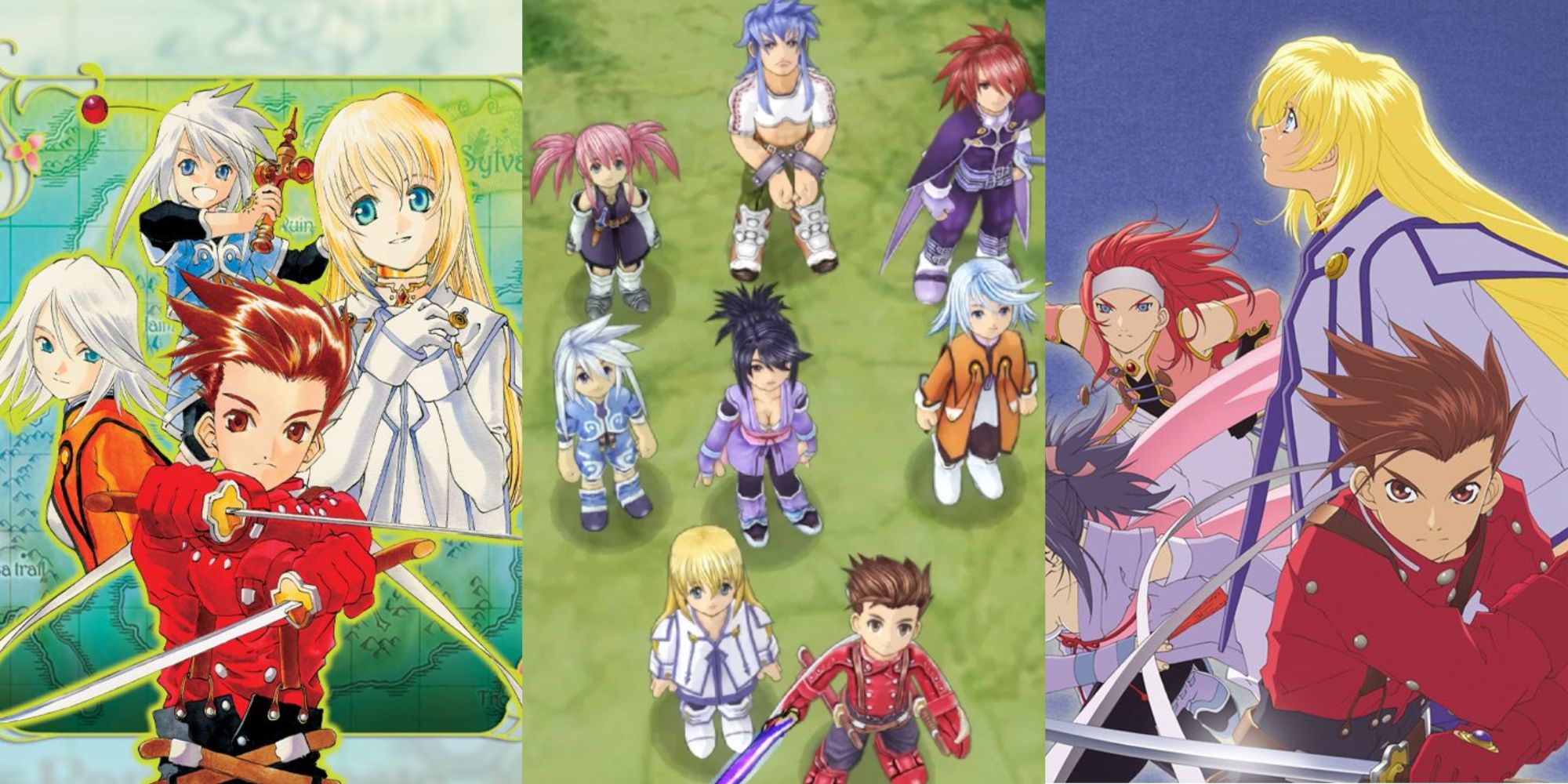 Two different sets of promotional art showing off some of the cast form Tales Of Symphonia and an in-game shot of the full playable cast (minus Zelos)