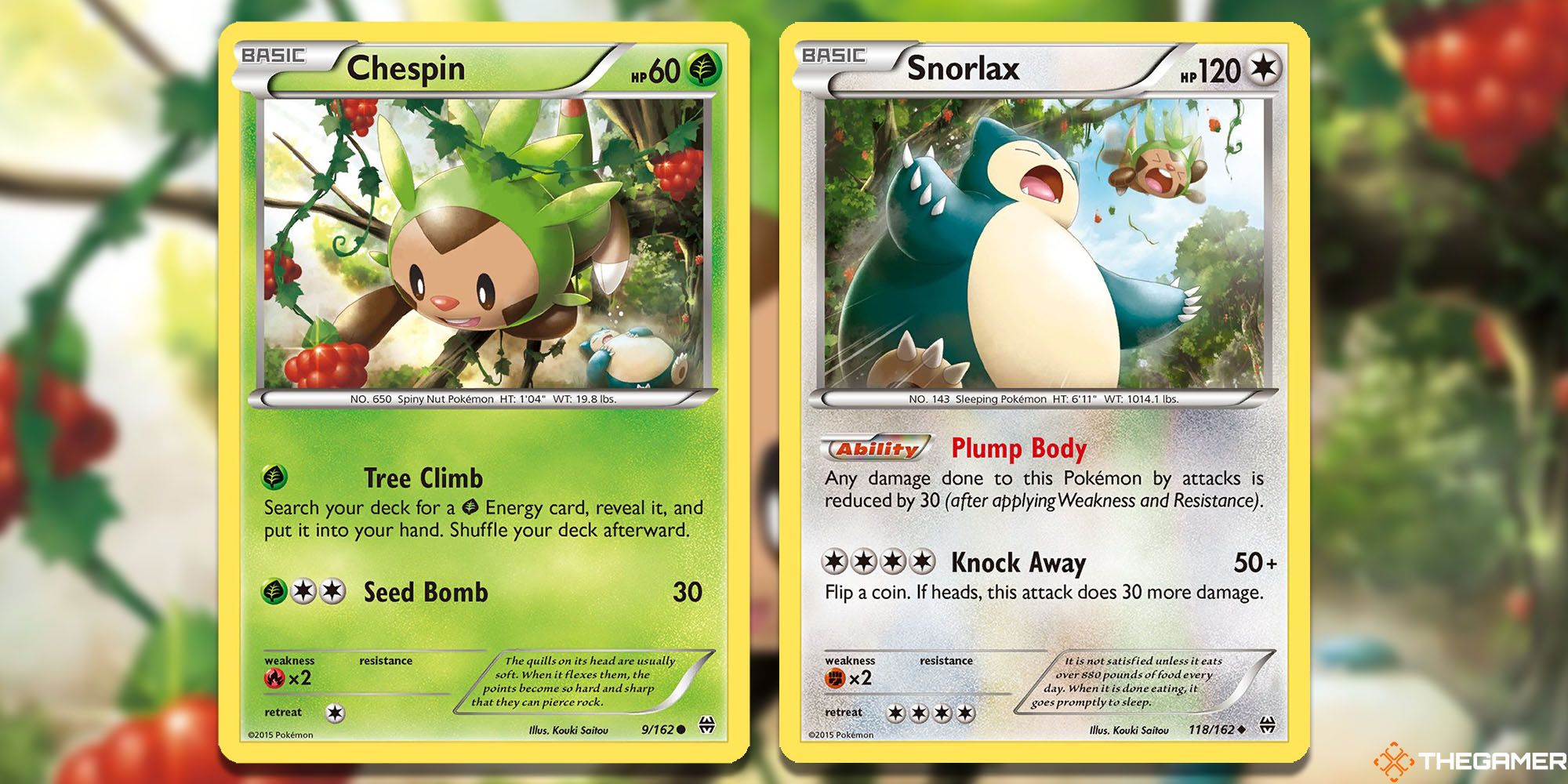 Chespin (BREAKthrough #9) and Snorlax (BREAKthrough #118) Pokemon TCG cards.
