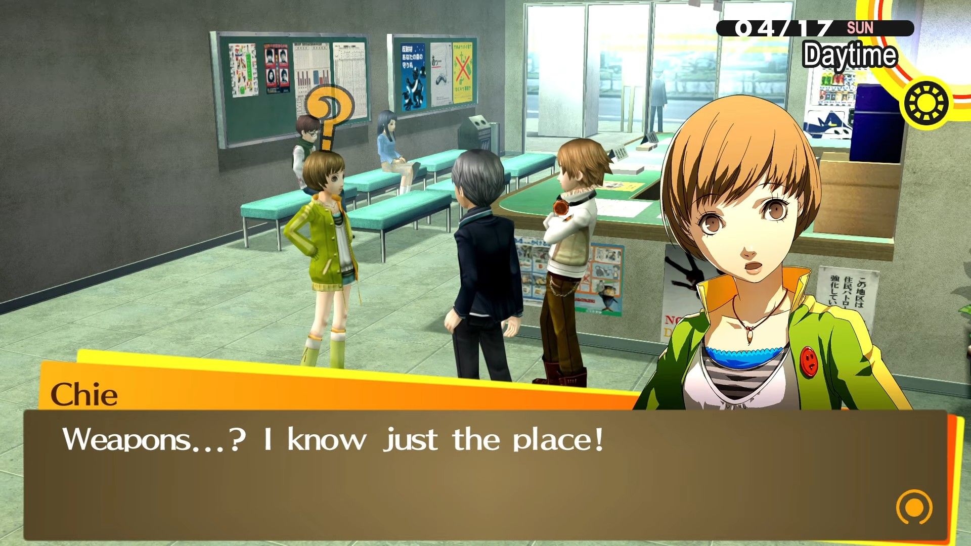 chie at the police station saying she'll bring yu and yosuke to daidara's metalworks in persona 4 golden