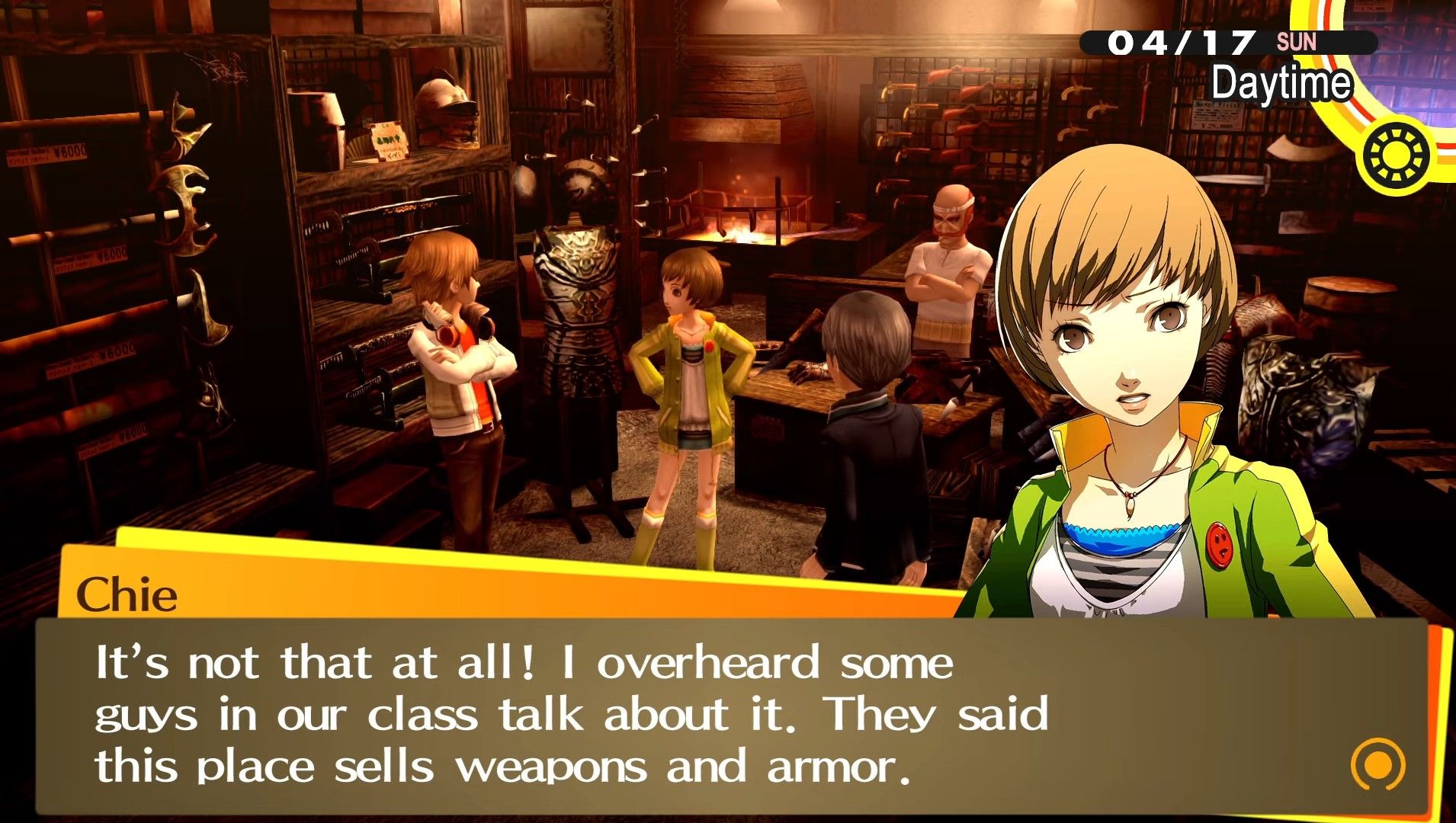 chie bringing yu and yosuke to master daidara's metalworks for the first time in persona 4 golden